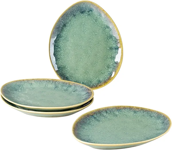 Henten Home Ceramic Appetizer Plates, 6.75 Inch Porcelain Dessert Plate, Cake, Snack Plates Set of 4, Salad Plate for Kitchen, Holiday Gifts, Dishwasher Safe (Green)