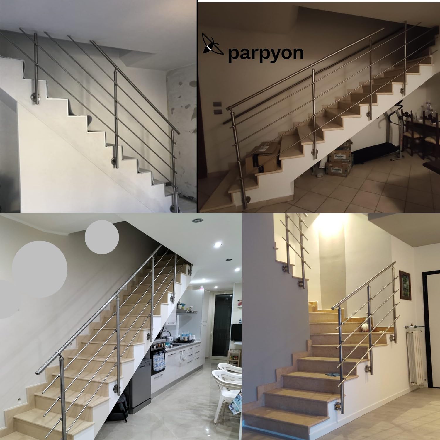 Parpyon® Ringhiera per Scale interne in acciaio Inox AISI 304 Uso Interno Balaustra 3 metri Fissaggio a PARETE montaggio FACILE fai da te
