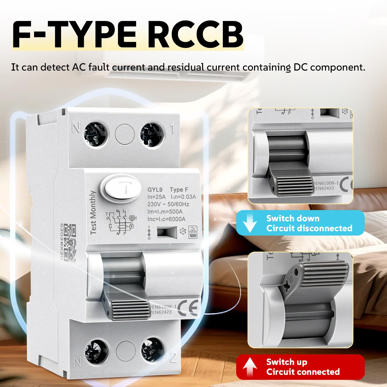 Interruttore Differenziale Magnetotermico 25A 30mA AC230V 2P Magnetotermico Differenziale Tipo F 6kA, per carichi monofase a frequenza variabile condizionatori d'aria lavatrici pompe idrauliche GYL9