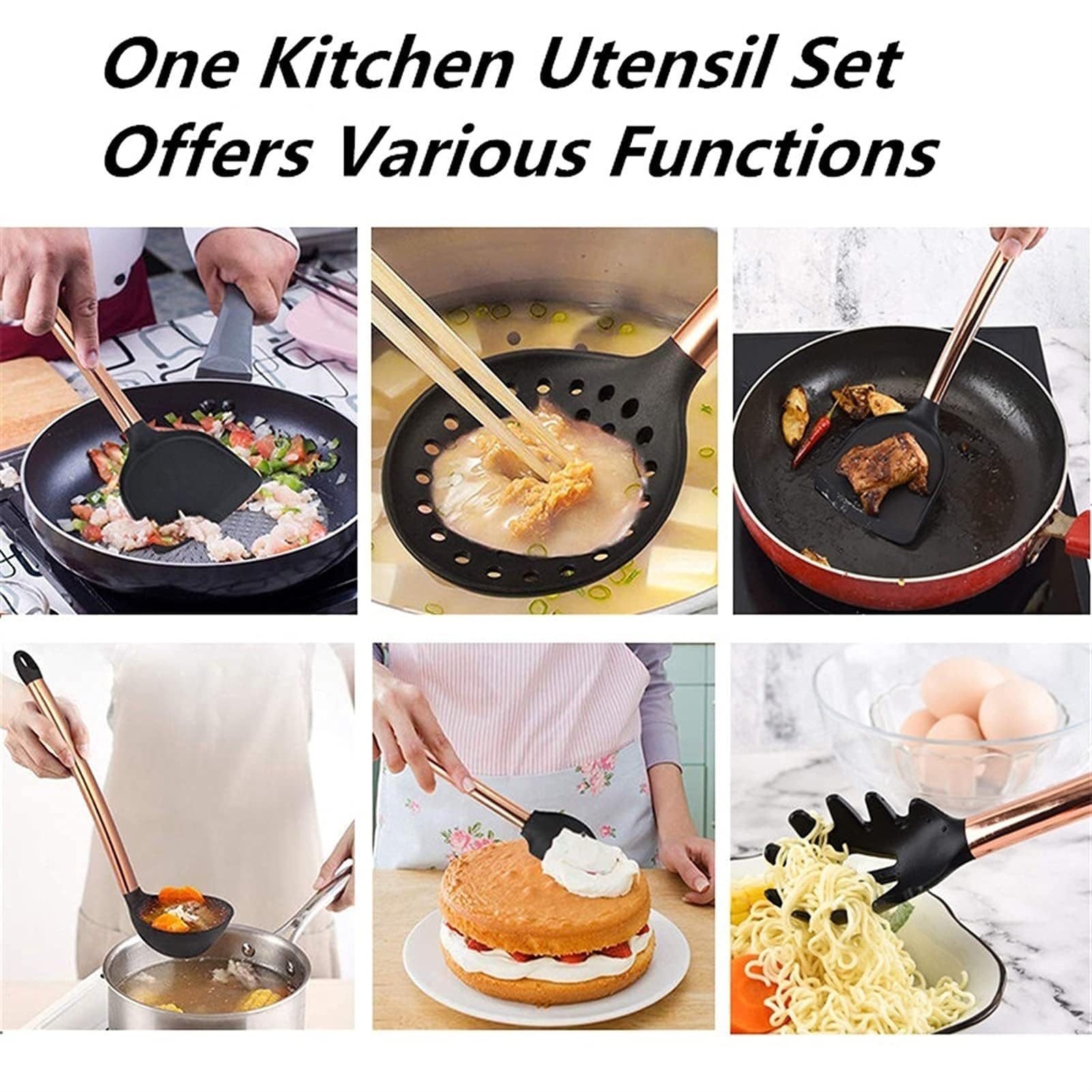 Set di utensili da cucina, 10 pezzi, in silicone, manico placcato in rame, antiaderenti, resistenti al calore, con supporto (oro rosa)