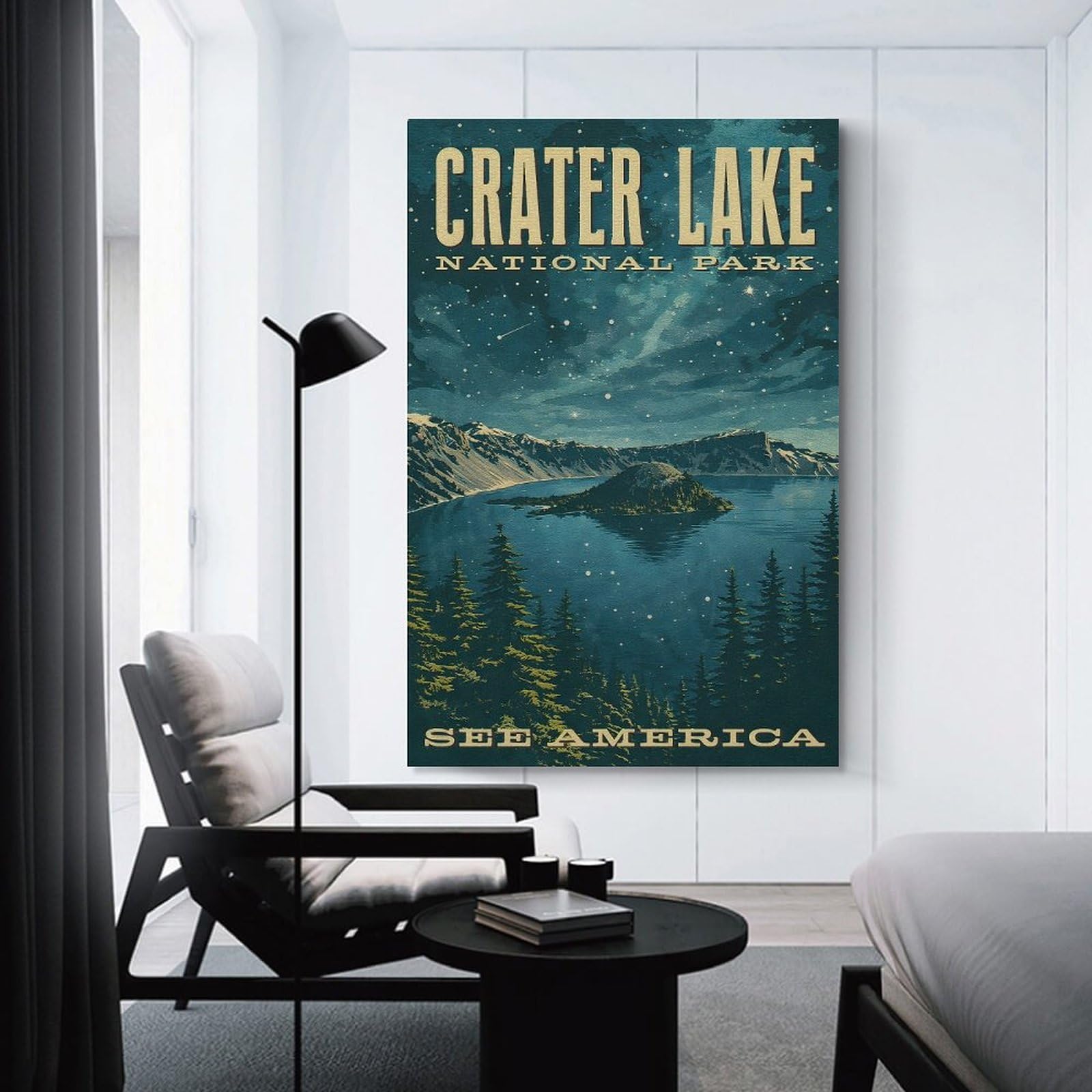 Junmoney Crater Lake National Park Vintage Canvas Art Print, 20x30inch(50x75cm), for Bedroom, Lounge Or Dressing Area, Canvas Wall Decor for Personal Spaces