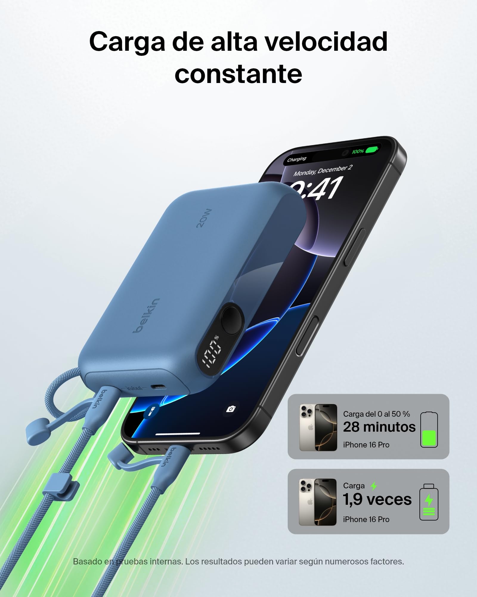 Belkin BoostCharge Batería Externa 10000 mAh con Pantalla Digital - Azul | Power Bank de 10000 mAh, 2 Puertos USB-C, 20 W, Autorizada como Equipaje de Mano, Precargada y Cable USB-C Extraíble