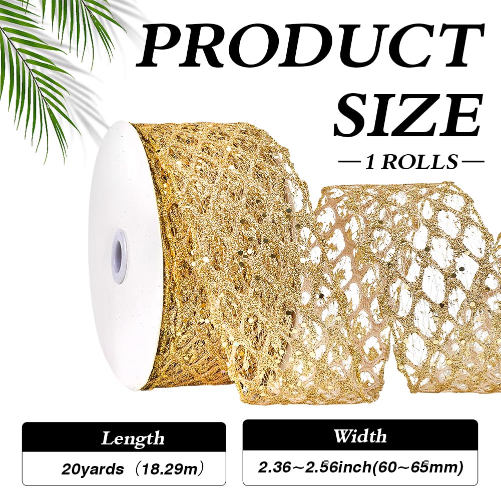 MAYJOYDIY 18.3m Glitzer Diamant Gitter Drahtband Netz Strass Punkte Drahtband 6~6.5cm Breit für Geschenkverpackung Schleifen Basteln Kranz Zubehör, Gold Dekorationsband