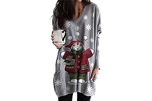 WIWIQS Womens Christmas Casual Print Sweatshirt Long Sleeve Round Neck Pocket T Shirts Blouses Tops