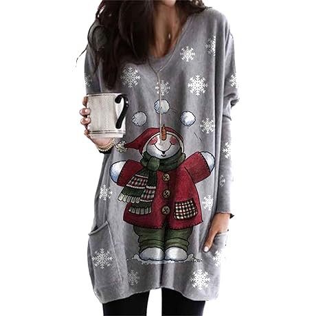 WIWIQS Womens Christmas Casual Print Sweatshirt Long Sleeve Round Neck Pocket T Shirts Blouses Tops