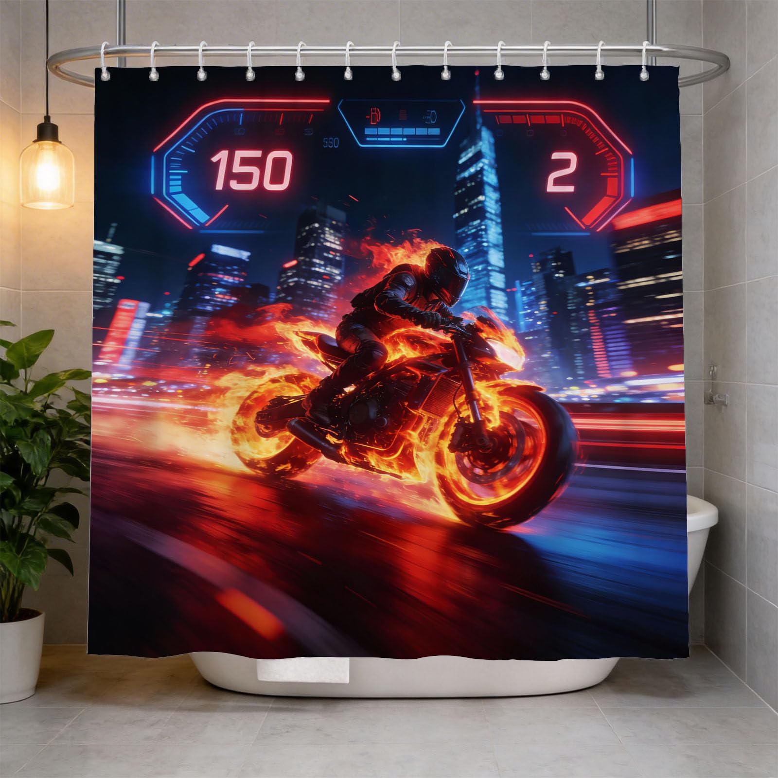 Hongduo White 3D Flame Motorcycle Shower Curtain For Stalls Bathtubs Cyberpunk Bathroom Decor Shower Curtain Set Polyester Fabric Waterproof 120X180cm/48X71 Inch With Hooks