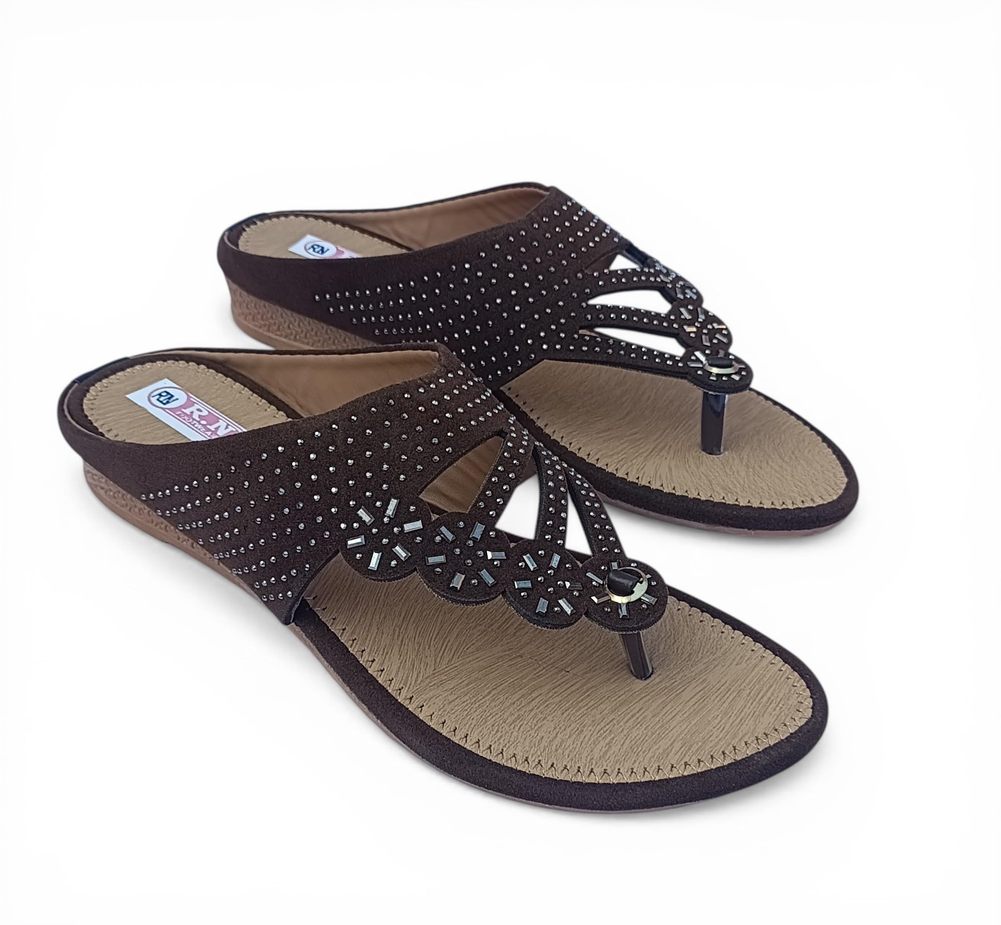 Women's Embellished Thong Sandals, Brown Suede, Rhinestone and Bead Detail, Flat Wedge-image-33