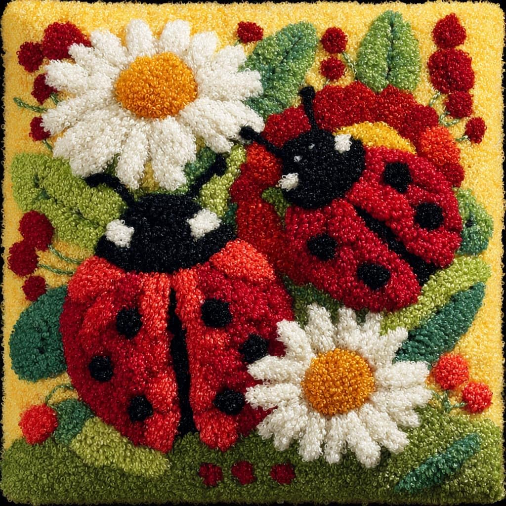 Henypt Latch Hook Kits-D Diy Latch Hook Pillow Kit, Flowers And Ladybugs