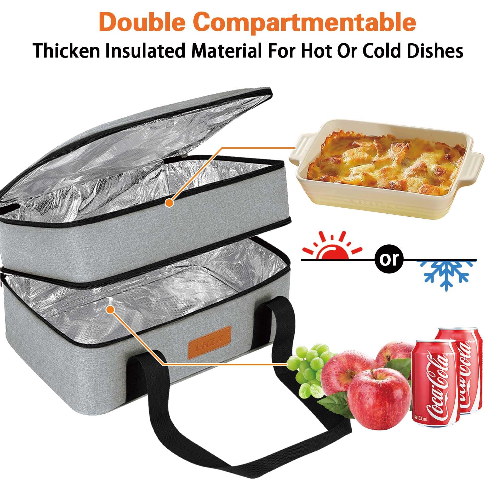 LHZK Cacerola aislada de doble piso para alimentos calientes o fríos, transportador de alimentos calientes expandible, picnic, playa, se adapta a bandeja para hornear de 11 x 15 o 9 x 13 pulgadas