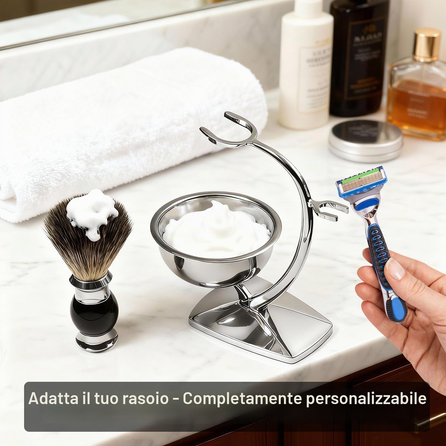 GRUTTI Set da Barba 3 in 1 da Uomo, Pennello da barba in finto tasso + telaio da barba + ciotola da barba, Porta Rasoio Compatibile con Rasoio Manuale Gillette, Set Regalo per Rasatura per Uomo