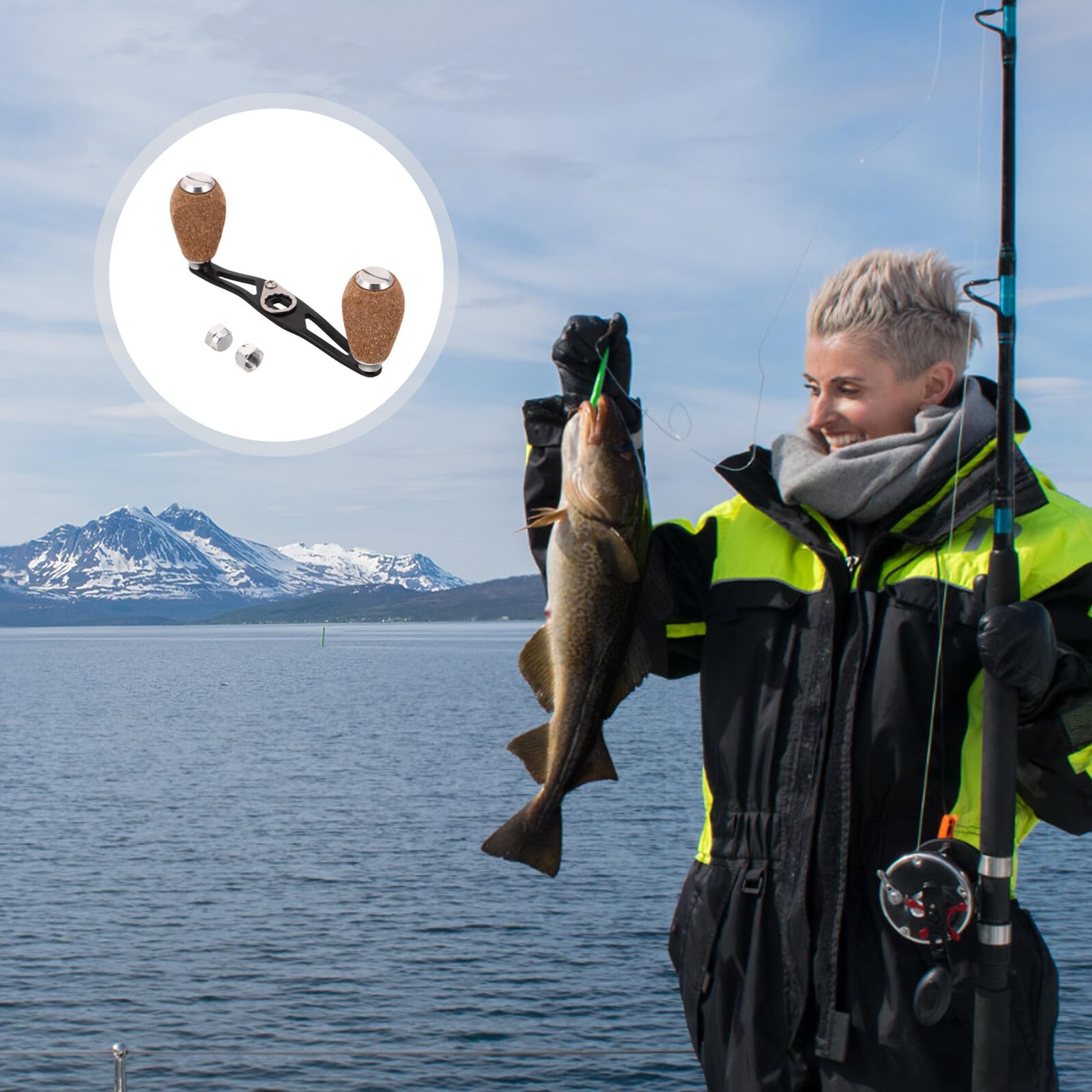 Accesorio de Manivela para Carrete de Pesca Baitcasting 4 Rodamientos, Perilla de Madera, Compatible Mano Izquierda y Derecha, Repuesto para Pesca en Lagos