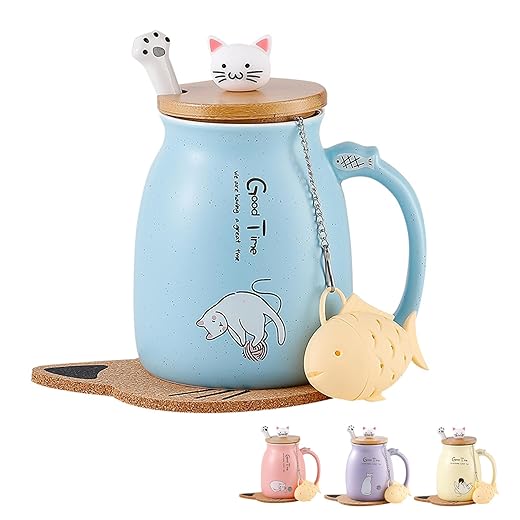 BigNoseDeer Cute Mugs Cute Cat Mug Kawaii Ceramic Christmas Mugs Cute Coffee Mug Tea Cup with Infuser and Lid Spoon Coaster Cat Gifts Christmas Gifts for Women (Blue 13oz)