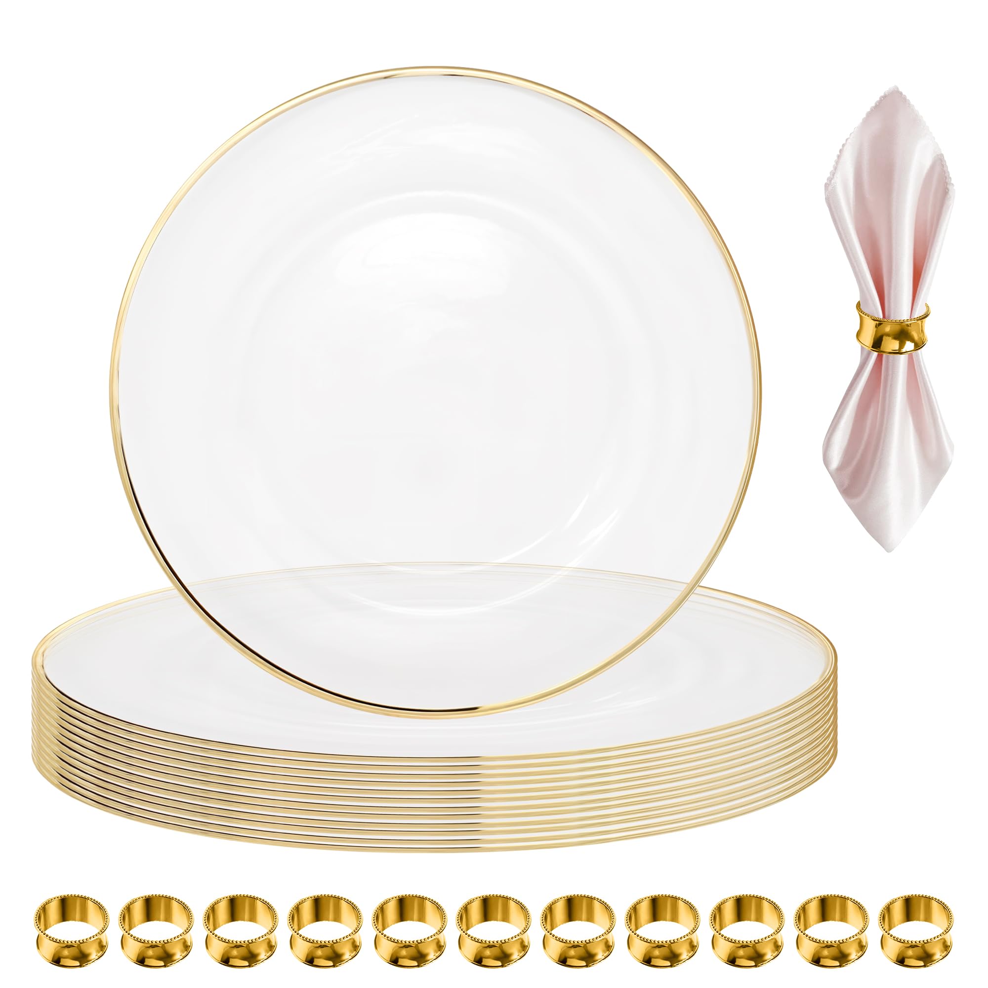 Juego de platos y servilleteros dorados – 50 elegantes platos de acrílico de 33 cm con borde dorado y 50 servilleteros martillados – Decoración de mesa de comedor para bodas, fiestas y eventos