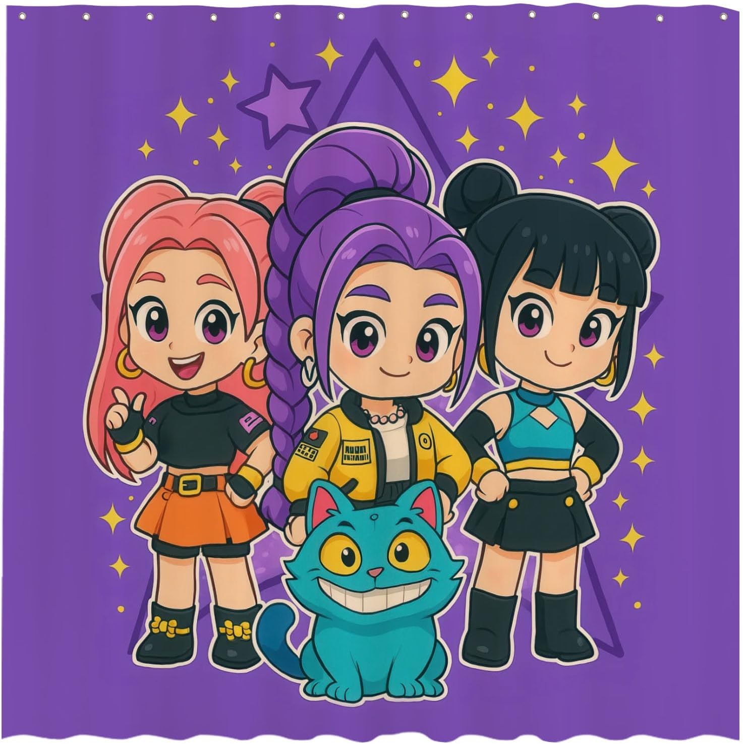 Funnytree Cute Anime Purple Korean Hunter Shower Curtain 72"x72" - Waterproof Fabric Bathroom Decor for Daughter,Teens,Fans,Girls,Women, Durable Easy Care Washable (Hooks Not Included)