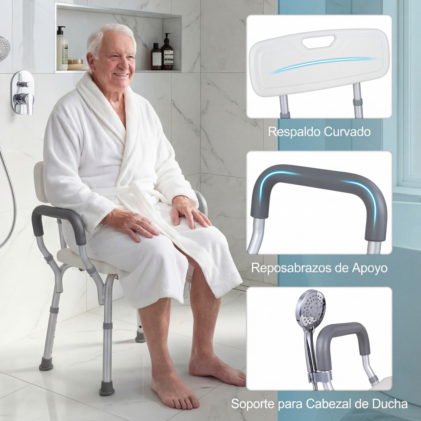 COSTWAY Silla para Ducha para Mayores, Silla de Baño con Altura Ajustable en 6 Niveles, Asiento Antideslizante, Respaldo Curvo y Apoyabrazos Acolchados, Taburete de Ducha con Marco de Aluminio