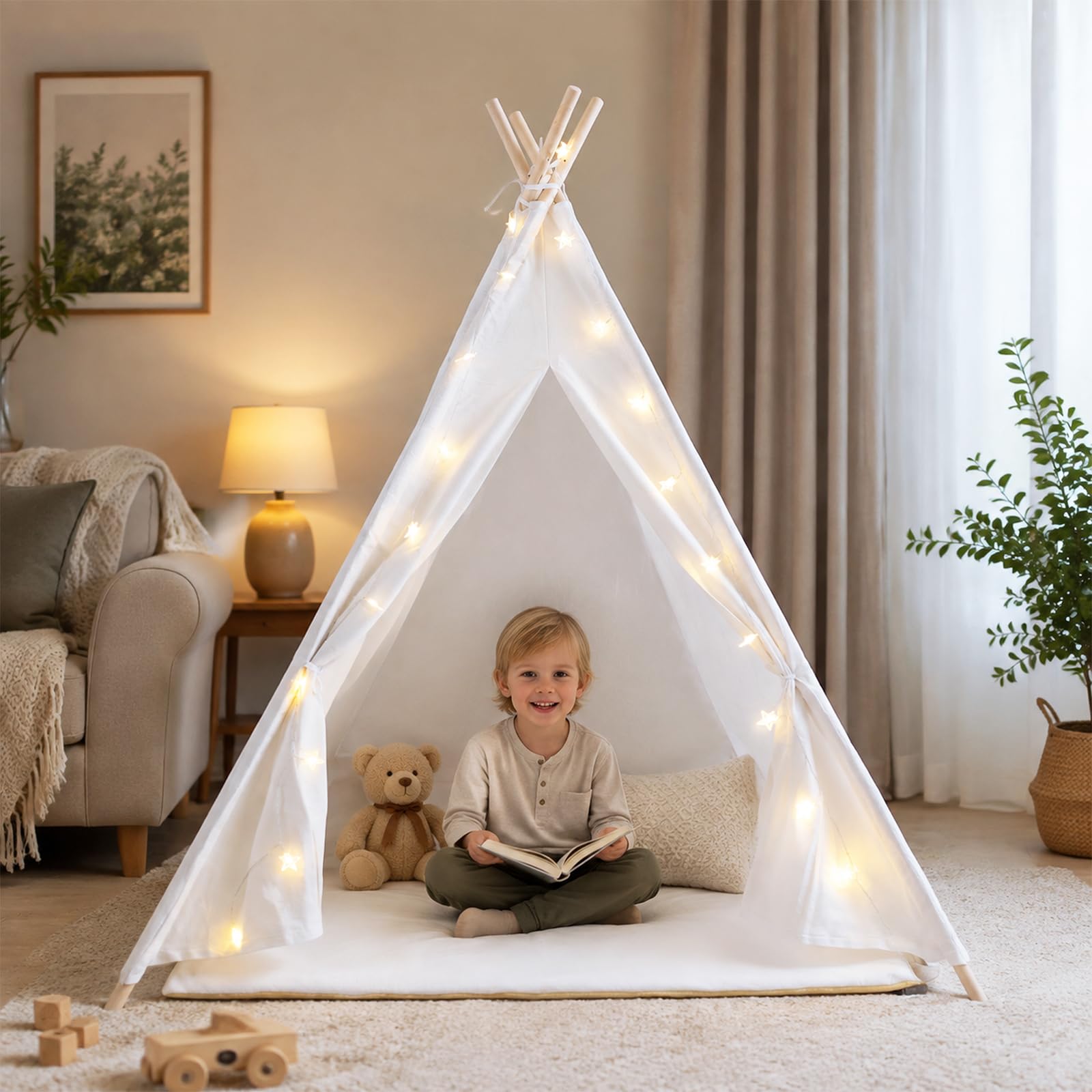 Tenda teepee pieghevole per bambini, tenda da gioco con catena luminosa