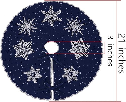 Miniatura 2 de Simhomsen Falda Pequeña Mini para Árbol de Navidad Bordada con Copos de Nieve, solo para Árbol de Lápiz de Mesa (Azul Marino, Redondo de 21 Pulgadas)