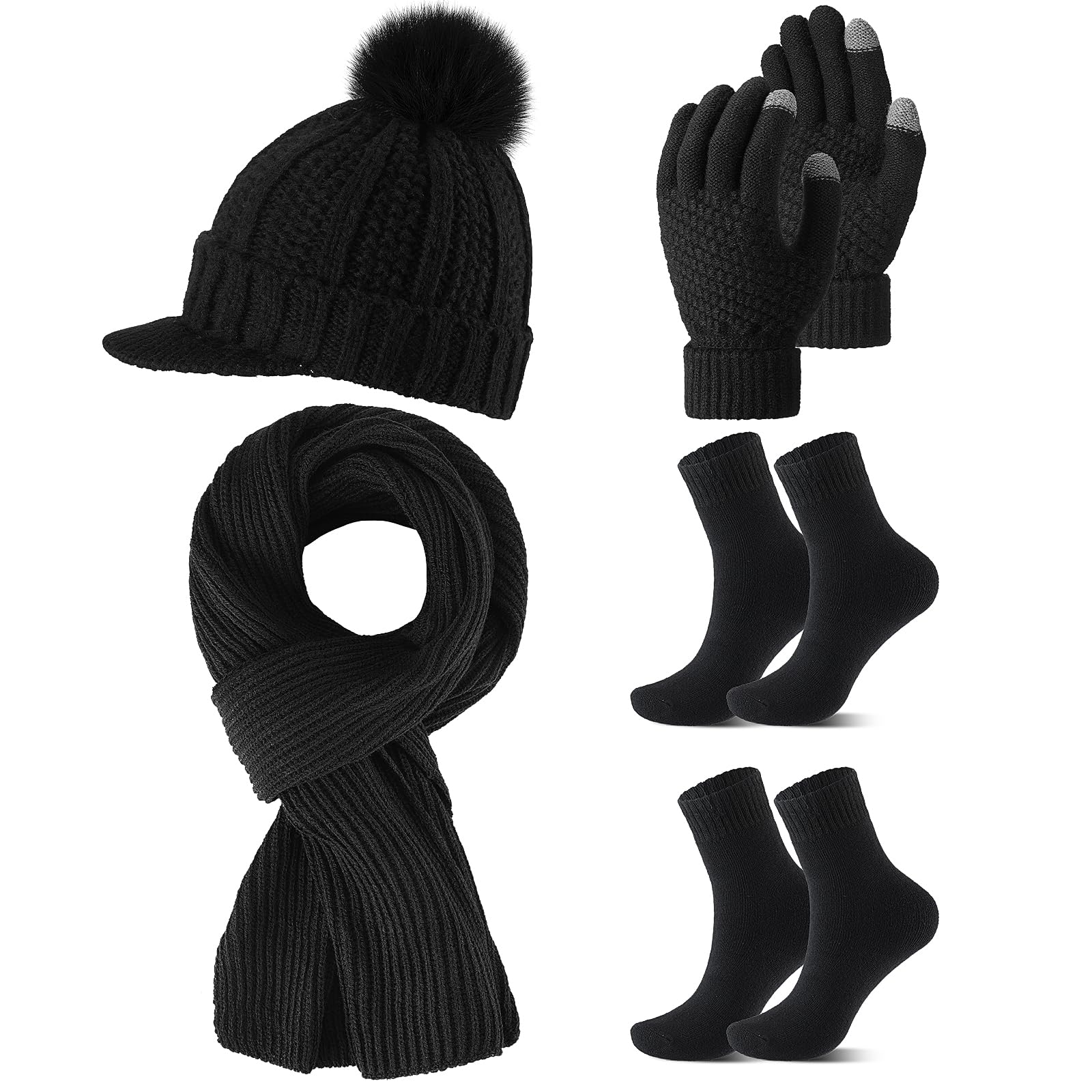 Sinmoe 5 Pieces Winter Ha Scarf Gloves and Sock Set for Women Knit Beanie Visor Touchscreen Gloves Long Scarfs for Neck Warmer Soft Warm Ski Cap Socks Black
