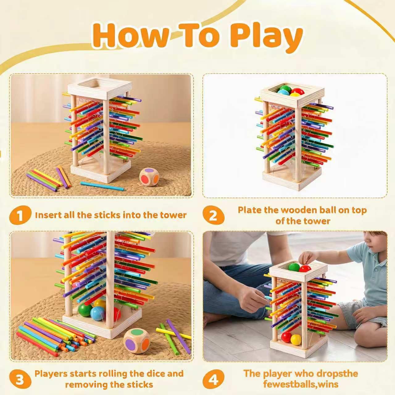 Giochi Montessori 3 4 5 6 Anni, Gioco Montessori 6 Anni in Legno con 30 Bastoncini Colorati e Dadi, Giochi per Bambini per Motricità Fine, Regalo Bambino Maschio e Femmina, Attività Familiare