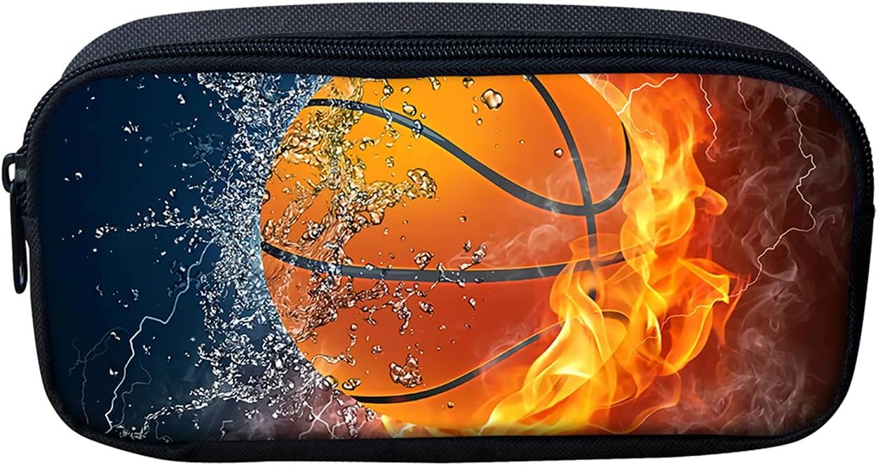 NETILGEN Basketball Pencil Bag 3D Printing Images Pen Stationery Pouch Case for School Kids Children Boys Fire Basketball Holder Coin Bags Purse