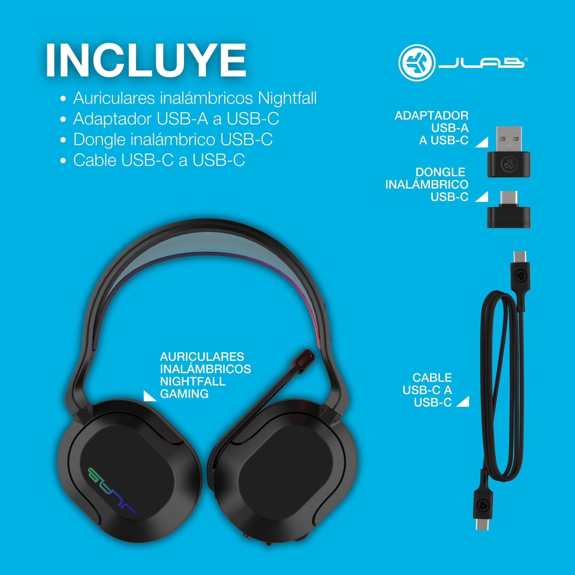 JLab Nightfall Auriculares Gaming Inalámbricos Over-Ear - Auriculares Gaming con Micrófono para PC/PlayStation/Nintendo Switch - Controlador de 50mm, Almohadillas de Espuma Cloud