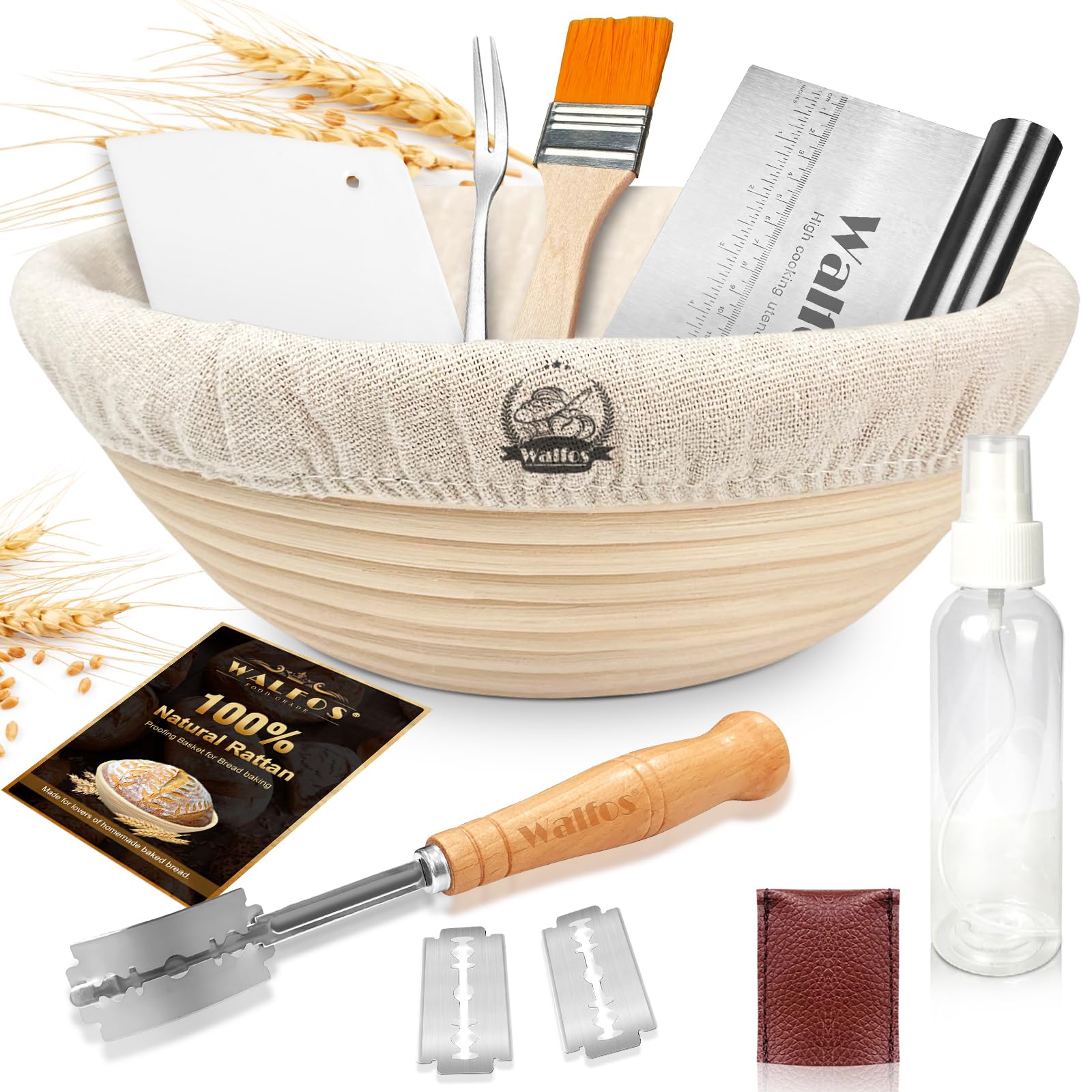 Walfos Sourdough Starter kit, Round Banneton Proofing Basket 23cm,100% Natural Rattan, Bread Proofing Baskets Set, Included Bread Lame, Dough Scraper, Cleaning Brush & Bread Fork, Spray Bottle