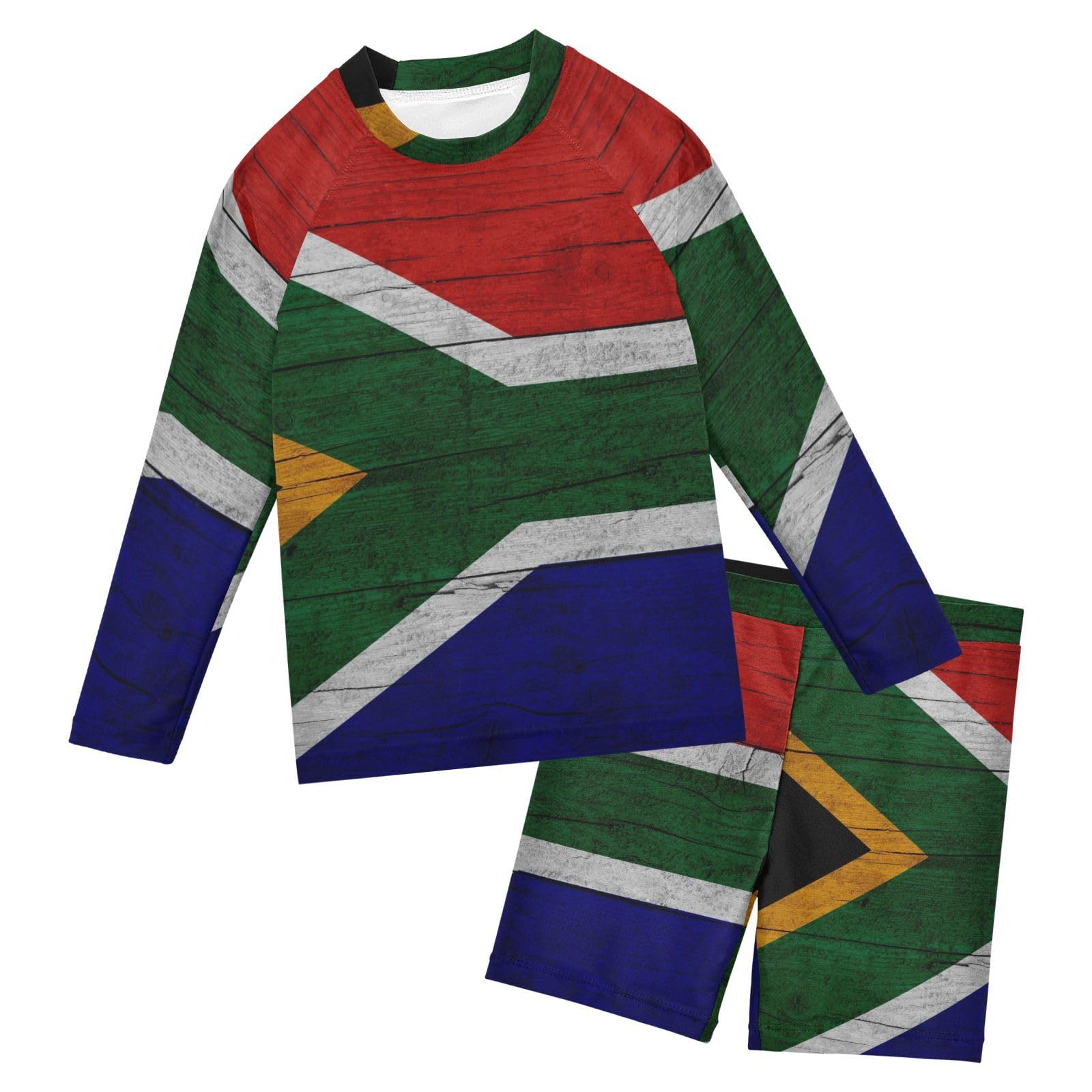 Aflyko Patriot Boys Girls Rash Guard Set South African Flag Wooden Swim Outfit Pollover Bathing Suit Fishing Sun Shirt Quick Dry Swimming Surfing Shorts, 9-10T Multicoloured