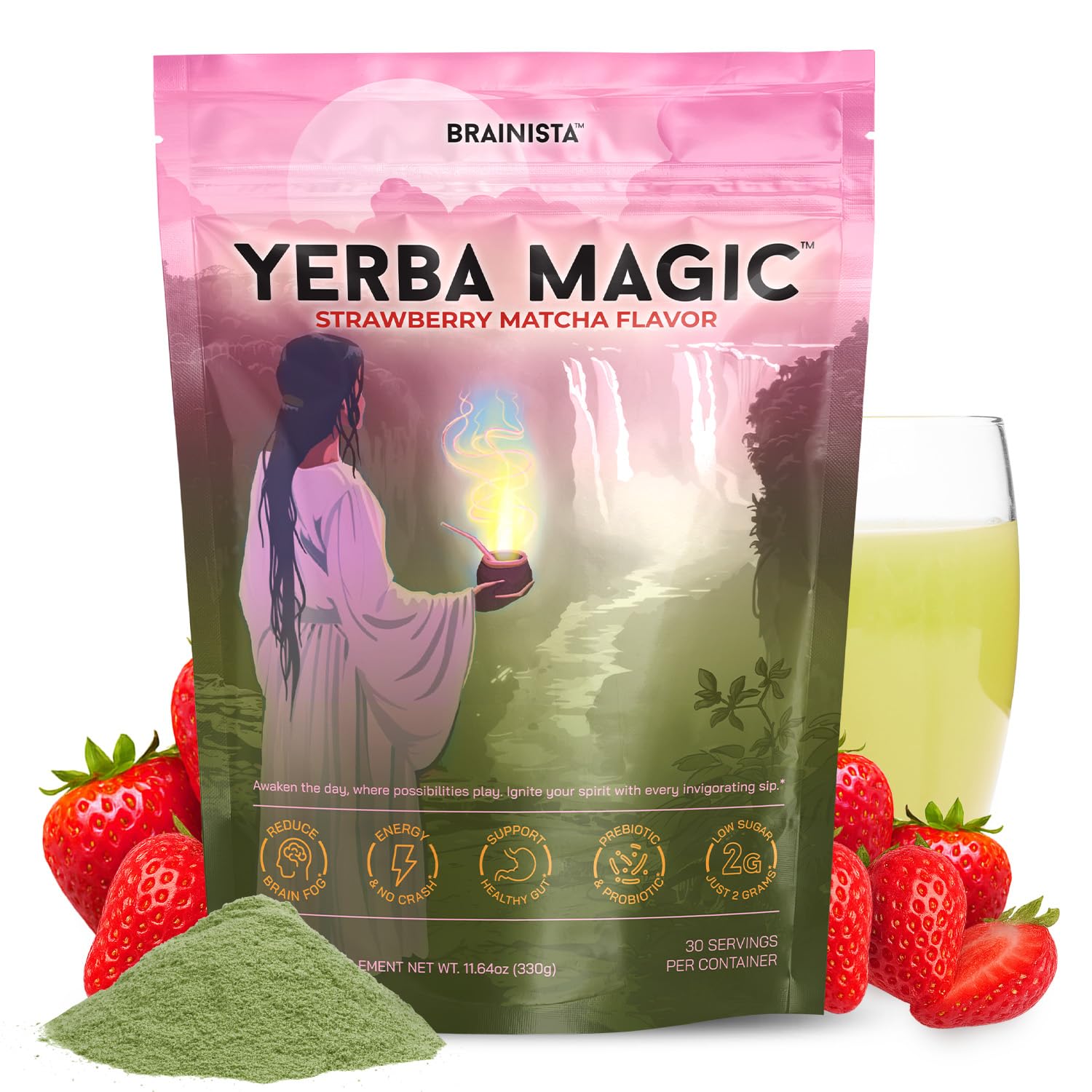 Yerba Magic – Yerba Mate Tea Instant Powder Super Drink with Nootropics, Prebiotics & Probiotics – Clean Energy, Mental Clarity & Gut Wellness | Low Sugar, Natural Caffeine – Strawberry Matcha, 30 Servings