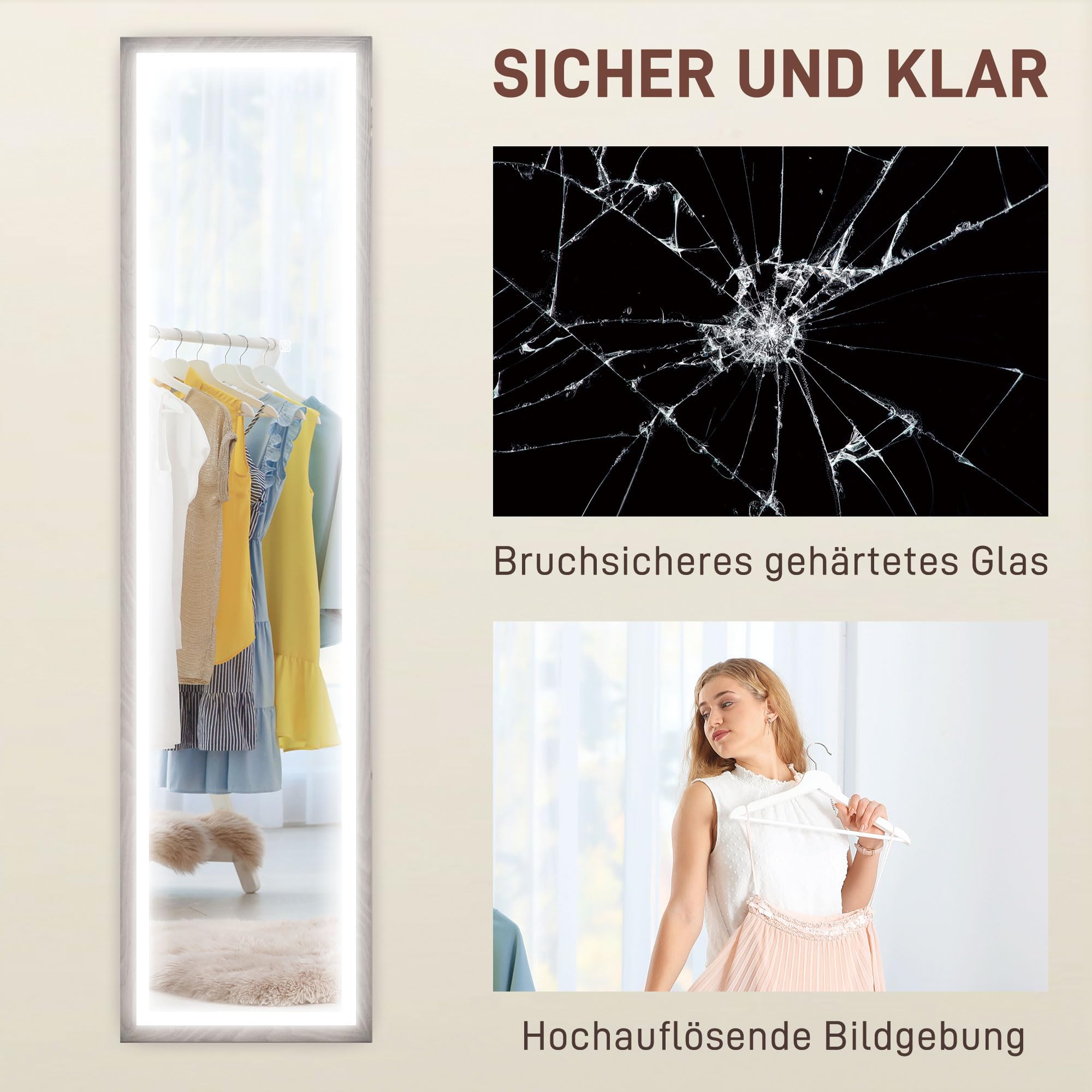 HOMCOM Ganzkörperspiegel 40 x 160 cm Standspiegel mit LED-Lichte, 3 Lichtfarben, Wandspiegel mit Touch-Steuerung, Bodenspiegel für Schlafzimmer, Wohnzimmer, Grau