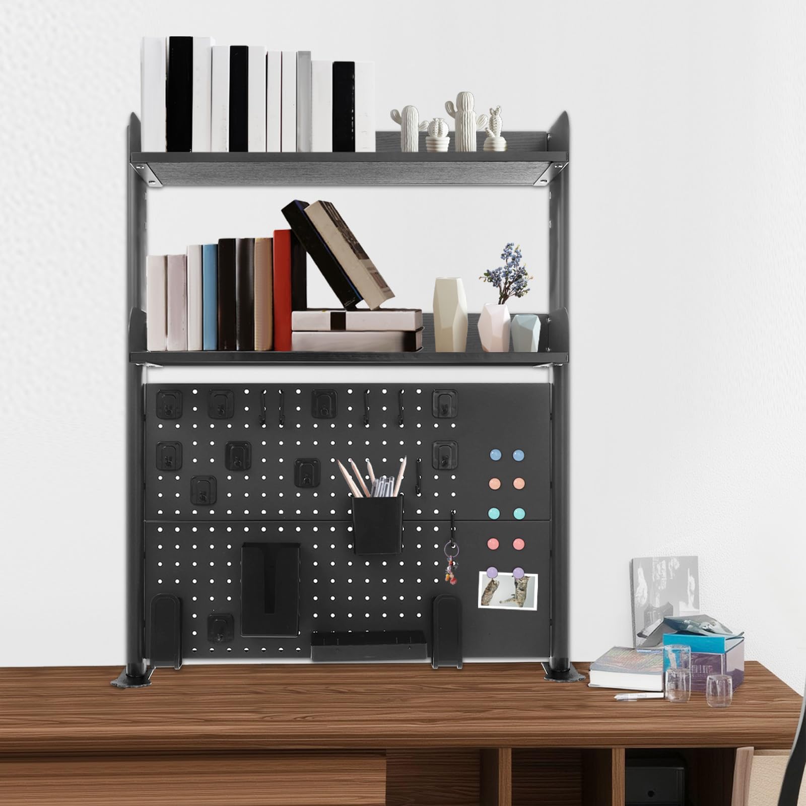 Klemmbare Schreibtisch Regal, 2 Ebenen Büro Computertisch Zubehör Organizer für Büro, Gaming, Zuhause, Aufhängbar, Klemmregal Mit Lochwand (Schwarz, 95x80x12.5cm)