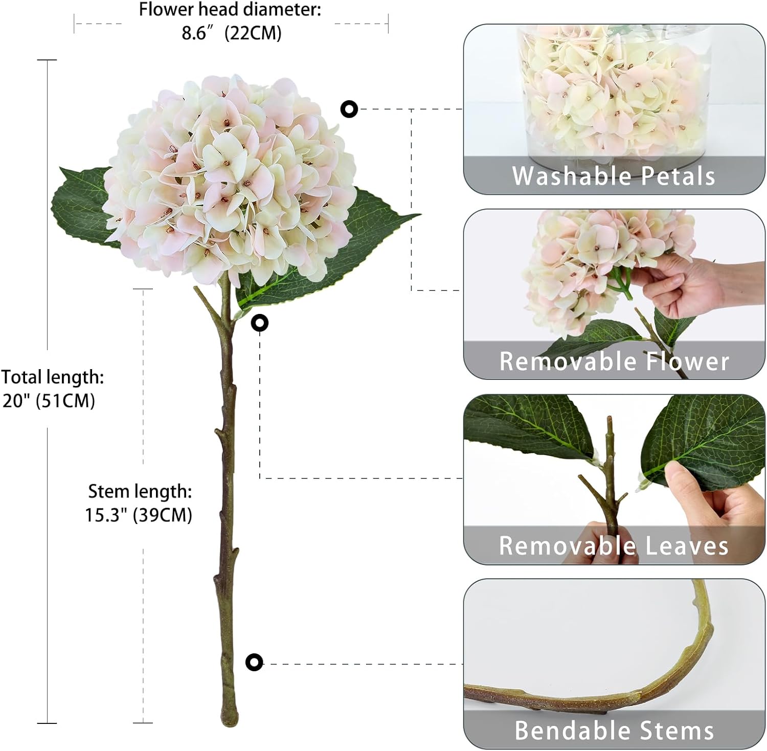 ZYTUYO 3PCS Champagne Pink Hydrangea Artificial Flowers 20" Large Fake Latex Real Touch Hydrangeas Flowers with Stems Faux Silk Bouquet for Indoor Home Decor Table Wedding Party Floral Outdoor