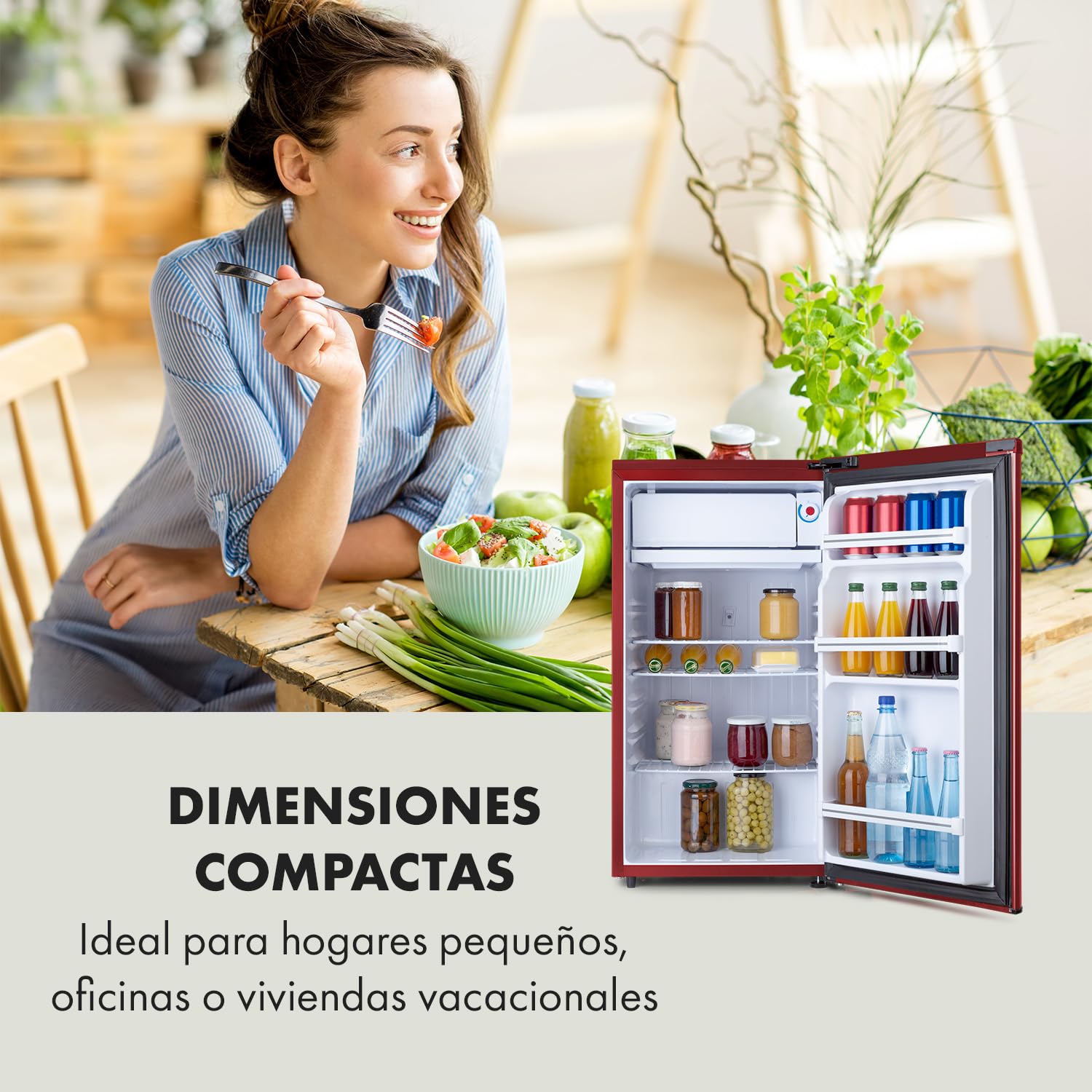 KLARSTEIN Yummy Refrigerador con compartimento congelador,R600a, 42 dB, 1 x estante de rejilla, incluye bandeja de goteo, 90 L, compartimento congelador: 8 litros, refrigerador: 90 L, rojo