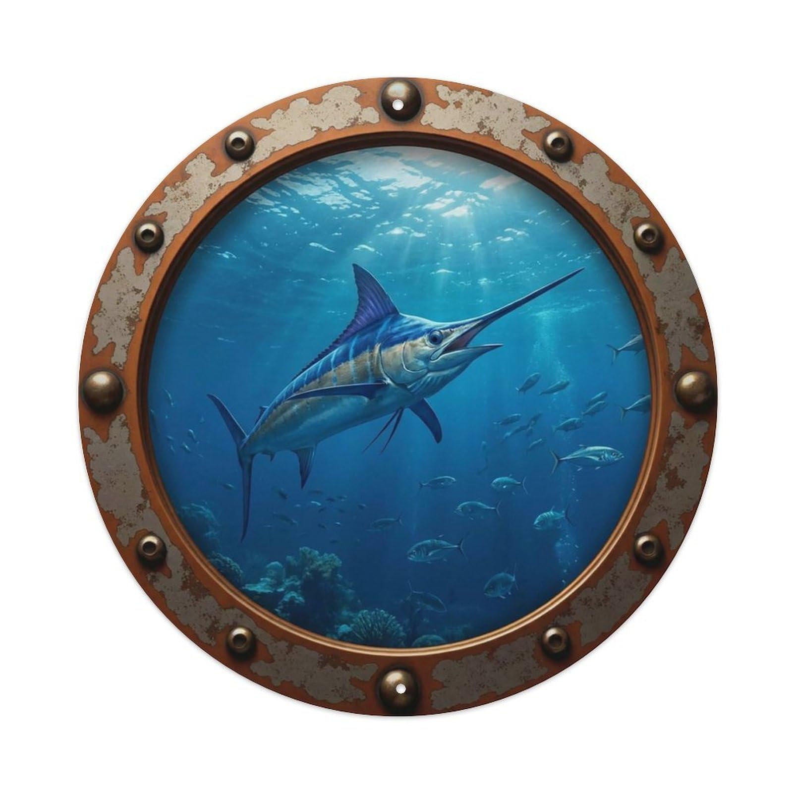 Gead 8X8inch Style Vintage Porthole Marlin Fish Nautical Window View Metal Tin Sign