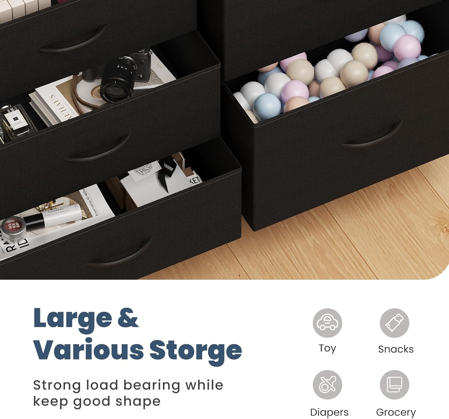 DUMOS TV Stand for Bedroom with 5 Storage Drawers, Fabric Chest of Drawers with Metal Frame, Living Room Storage Organizers Units for Books, TV Stand and Hallway, Modern Black