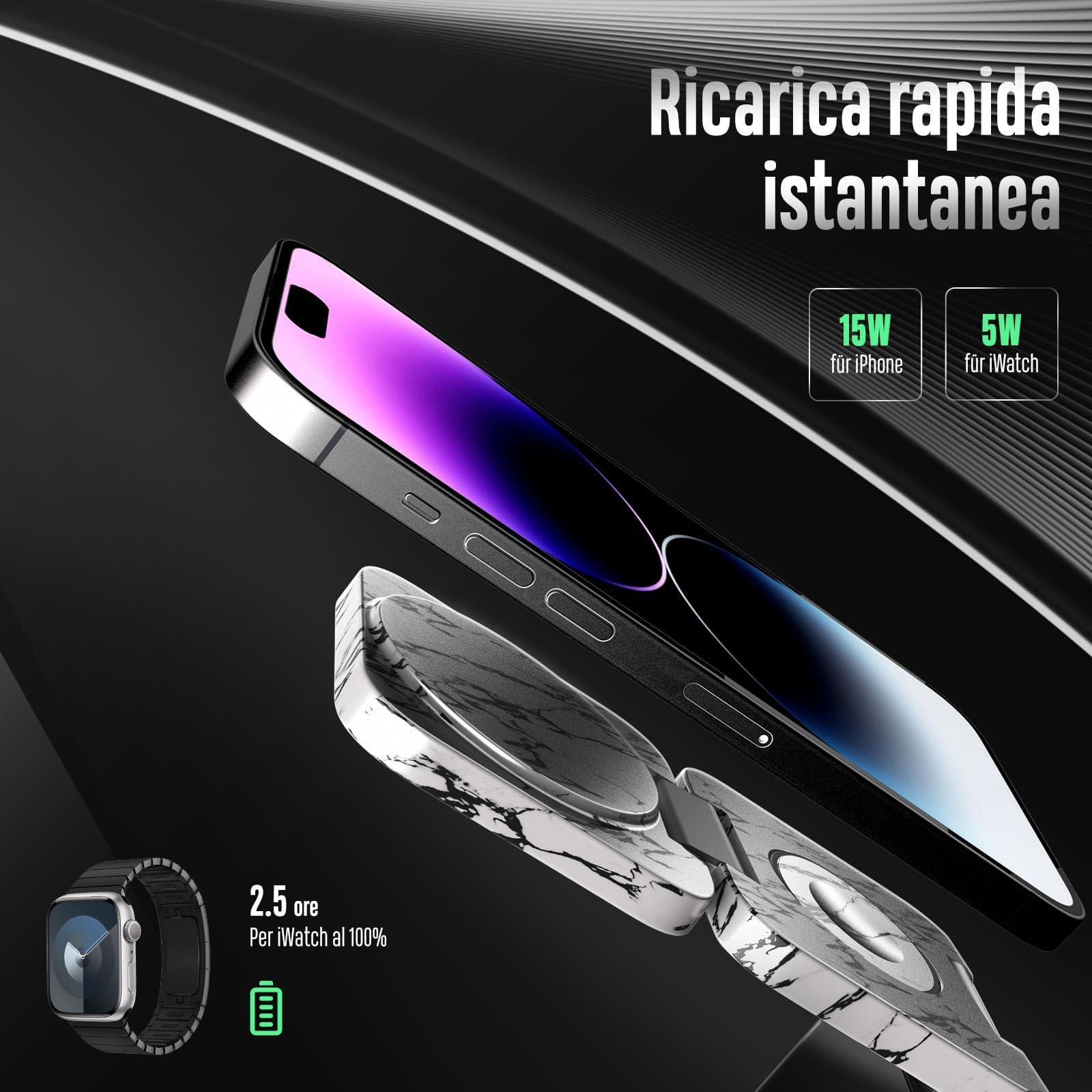 KU XIU 3 in 1 caricatore wireless per iphone, supporto magnetico pieghevole per iPhone 16/15/14/13/12 Pro/Plus/Pro Max/Mini, caricabatterie rapido da 5 W per Apple Watch 9/8/7/6/5/4/SE, per Airpods
