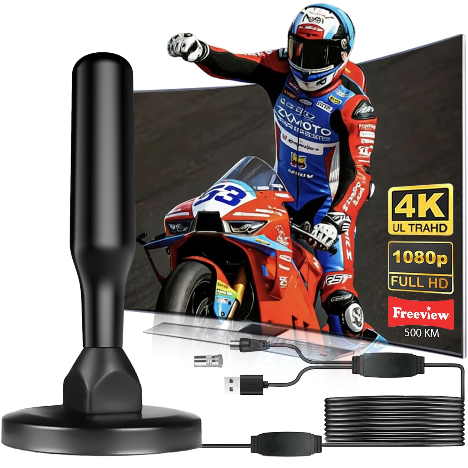DVB-T2 Antenne mit Verstärker Innen & Außen – Leistungsstarke Zimmerantenne für Fernseher 4K HD Empfang – TV Antenne mit Magnetfuß & 5m Koaxialkabel (BlackGrey, BG1)