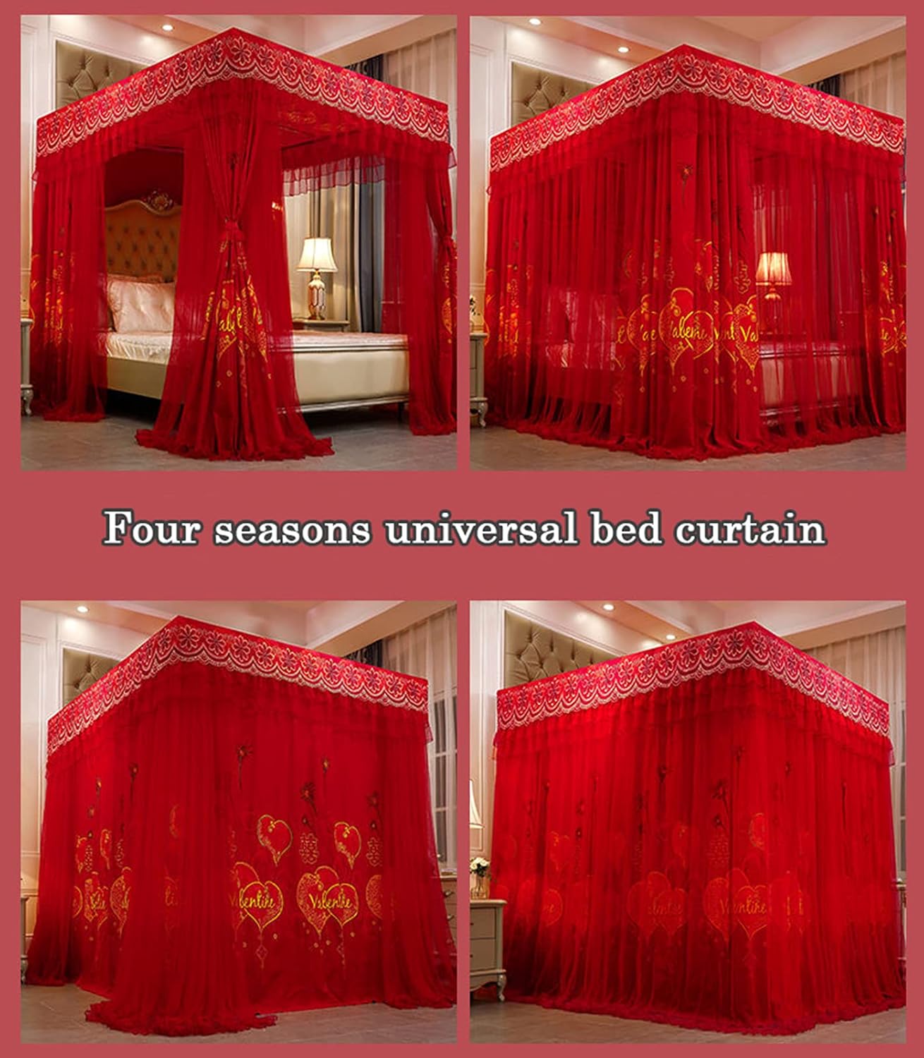 Mosquito Net 4 Corner Post Canopy Curtains Pink Princess Bed Canopy Double Layer Embroidery Lace Bed Curtains for Double Bed(Size:1.5×2m,Color:B)