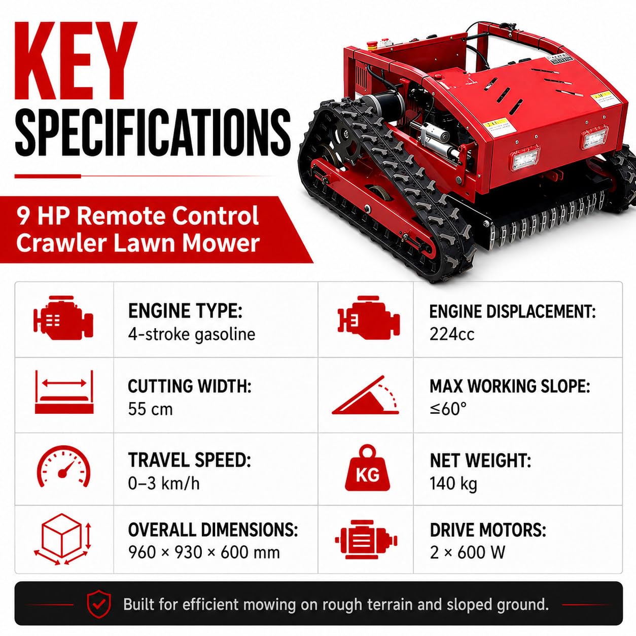 Cortacésped De Orugas con Control Remoto De 9 HP | Motor De Gasolina De 4 Tiempos 224cc, Ancho De Corte De 55 Cm, Pendiente De Hasta 60°, Luces LED Para Siega Nocturna