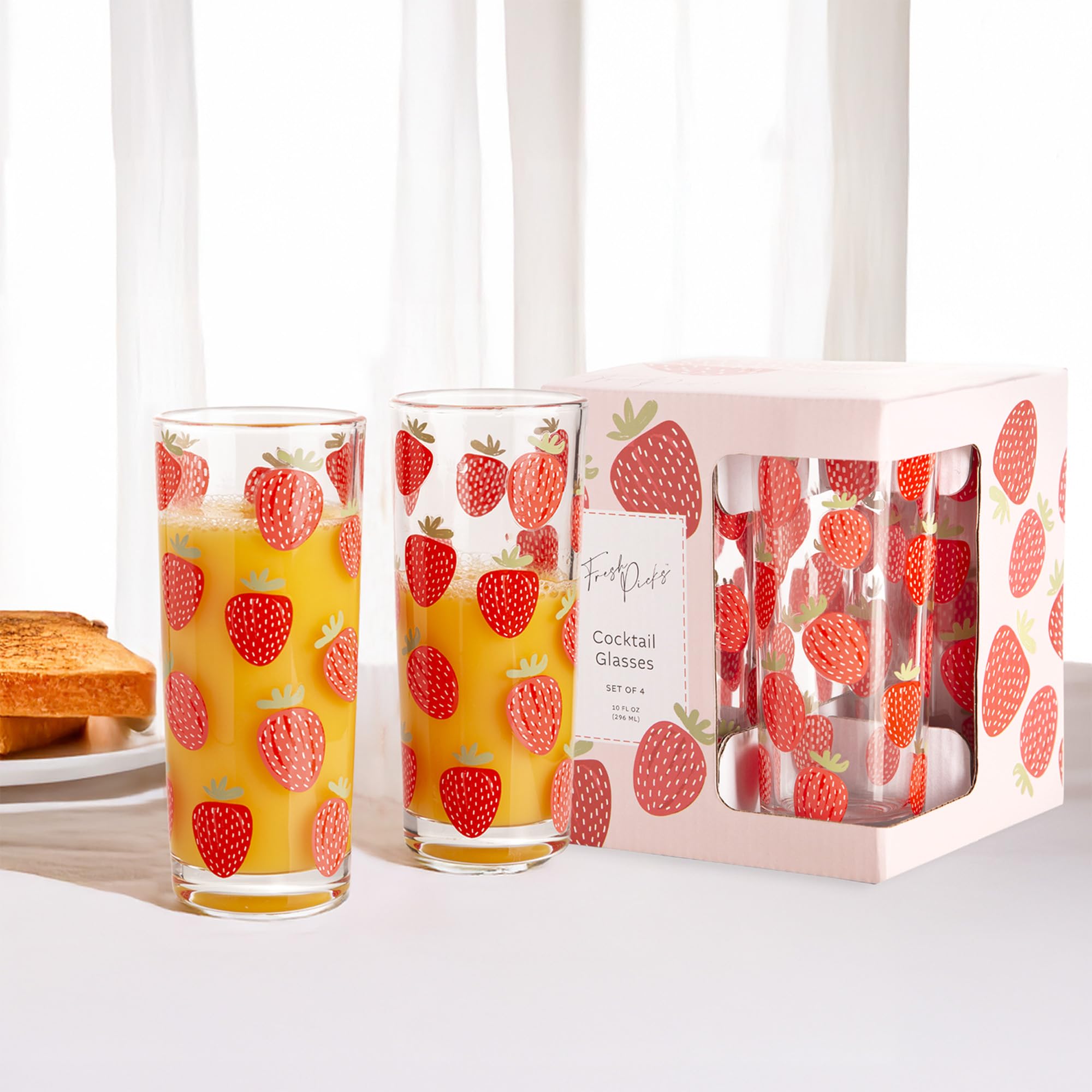 Longdrinkgläser mit Erdbeermuster, 284 ml, Sommerfrucht-Design, Trinkgläser, 4 Stück, Saft-Trinkgläser