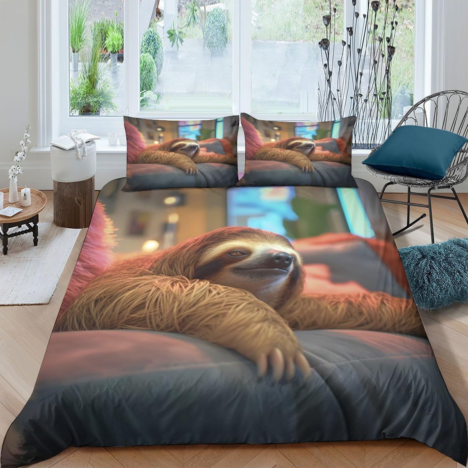 GPLZQXKJNH 3D Printed Sloth Lazy Animal Duvet Cover Microfiber Soft Breathable Cozy Resting Sloth Bedding Set with 2 Pillowcases for Bedroom Home Décor Single（135x200cm）