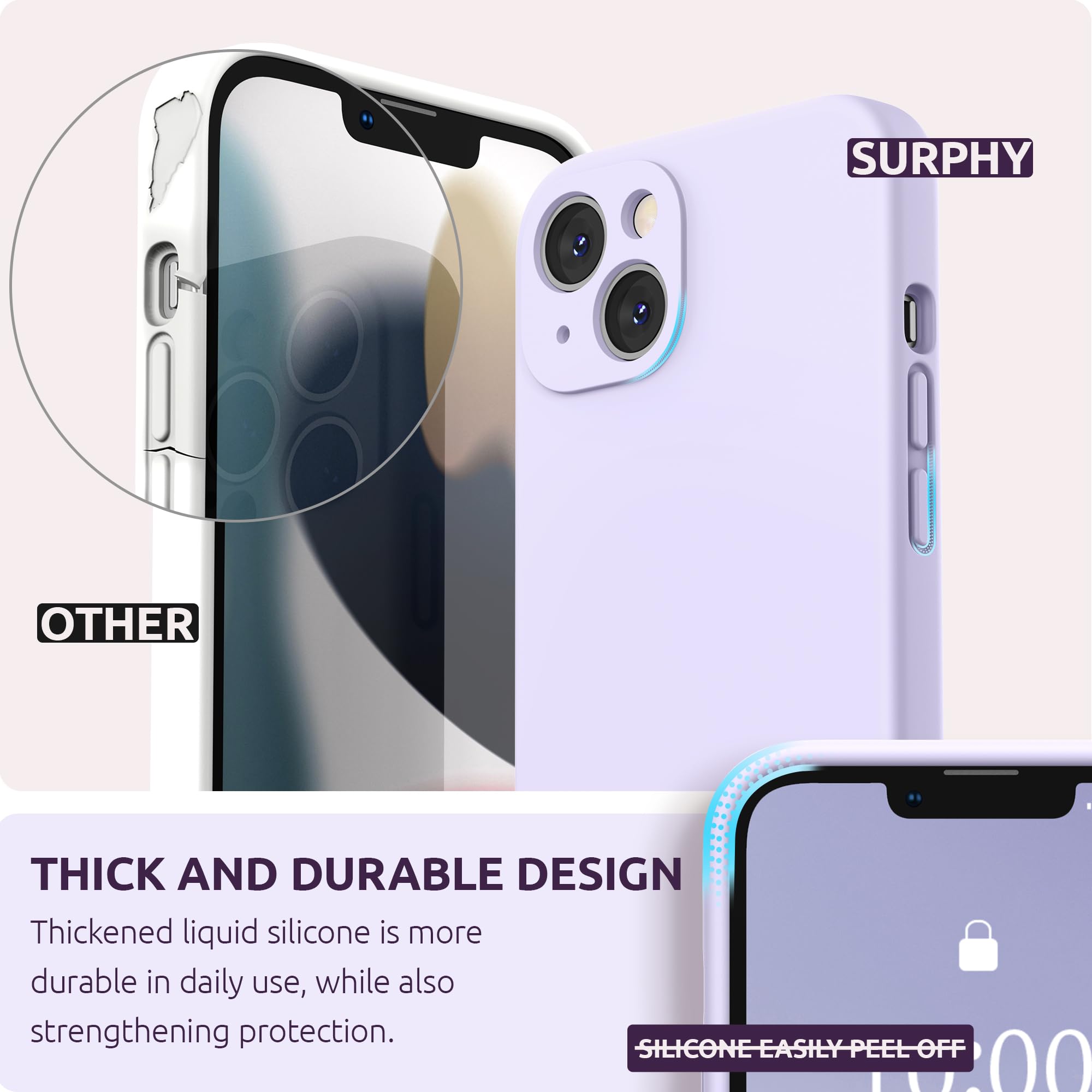 SURPHY Cover per iPhone 13 con Vetro Temperato (6,1"), Custodia per iphone 13 Silicone con Protezione Fotocamera, case protezione Completa,Antiurto, Morbida Microfibra Antigraffio (Lavanda chiara)