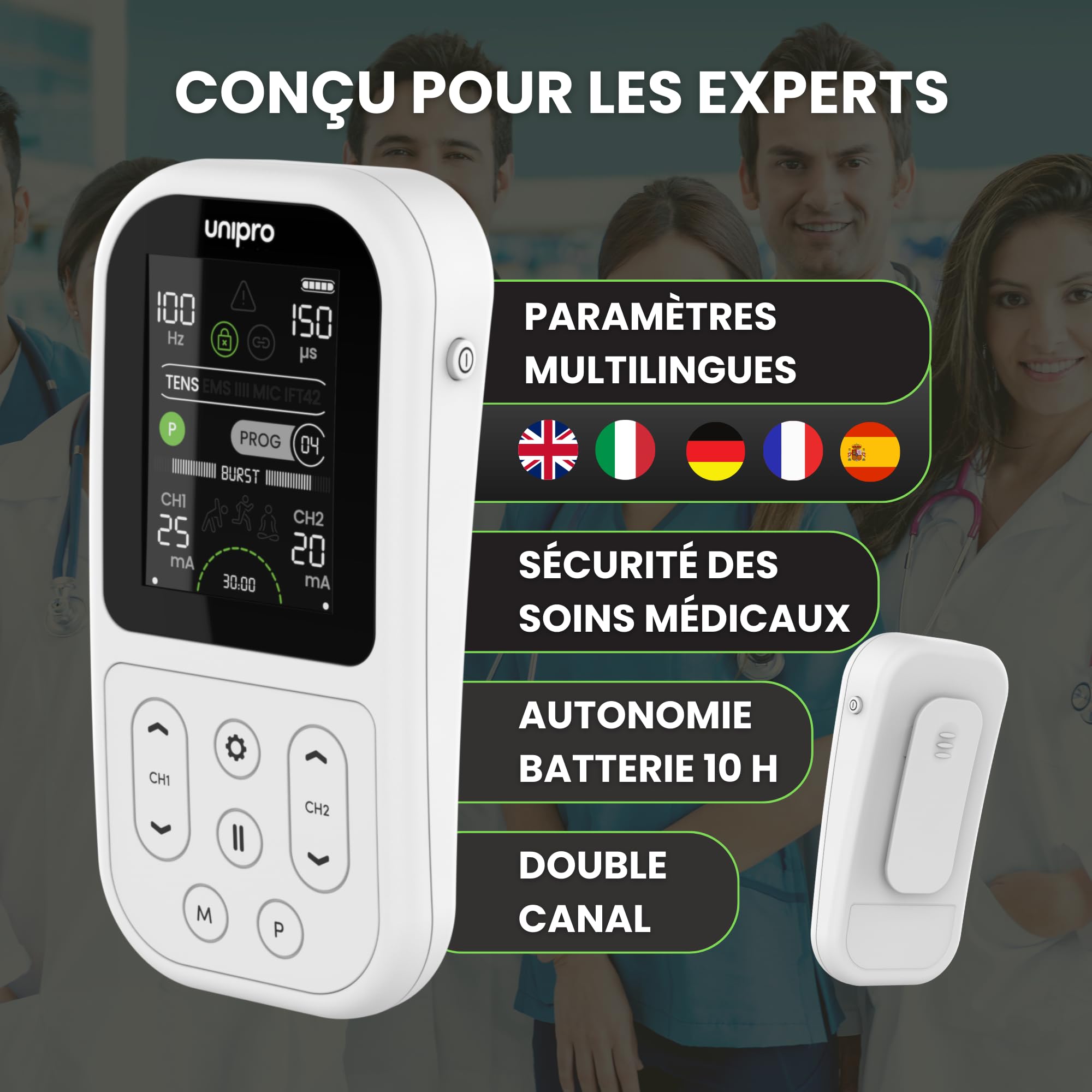 TensCare Unipro Appareil de Multithérapie TENS EMS IFT Microcourant Soulagement Douleur Renforcement Musculaire