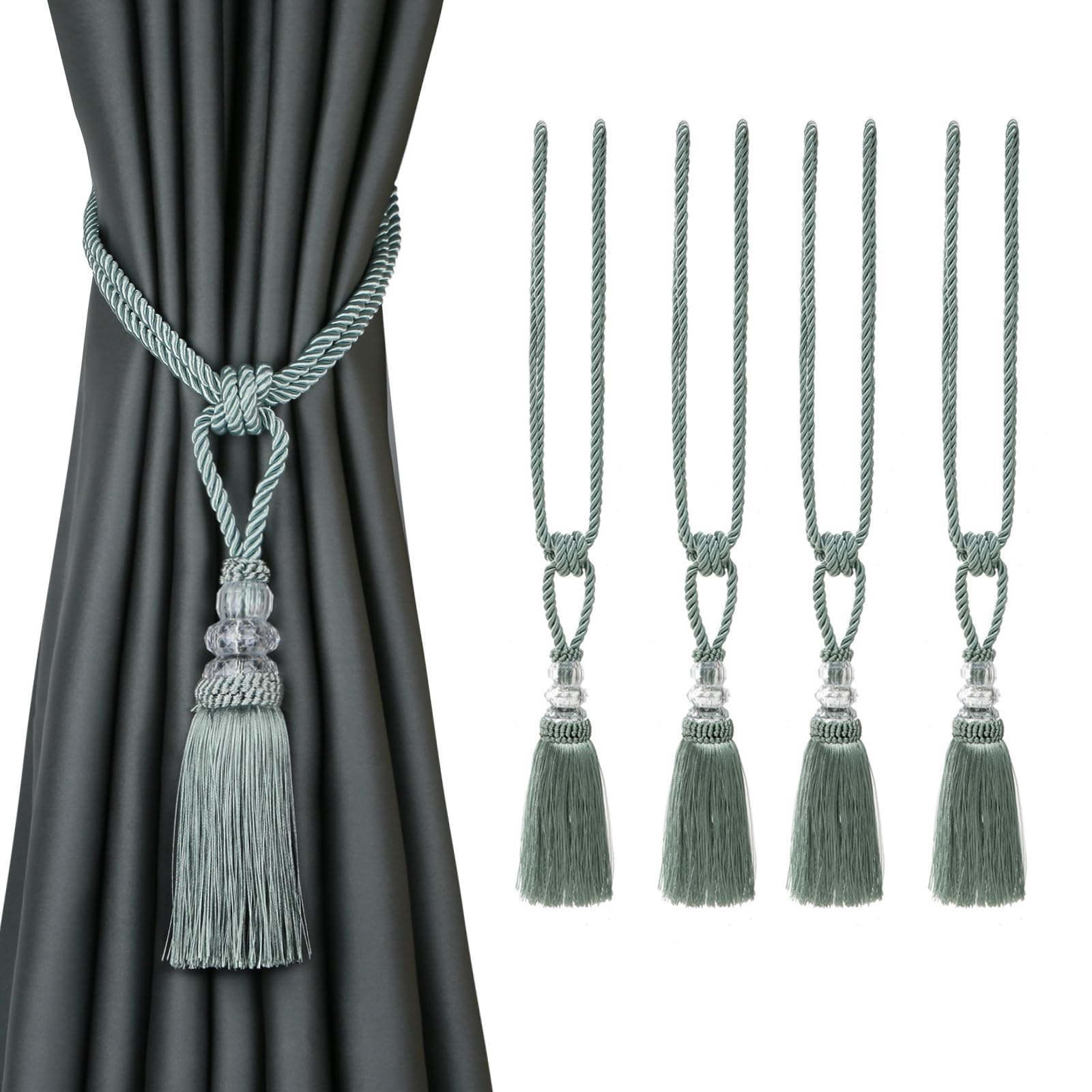 Tassel Curtain Tiebacks， Curtain Tiebacks Braided Crystal Rope 4 Pack Multicolor With Tassels(Blu)