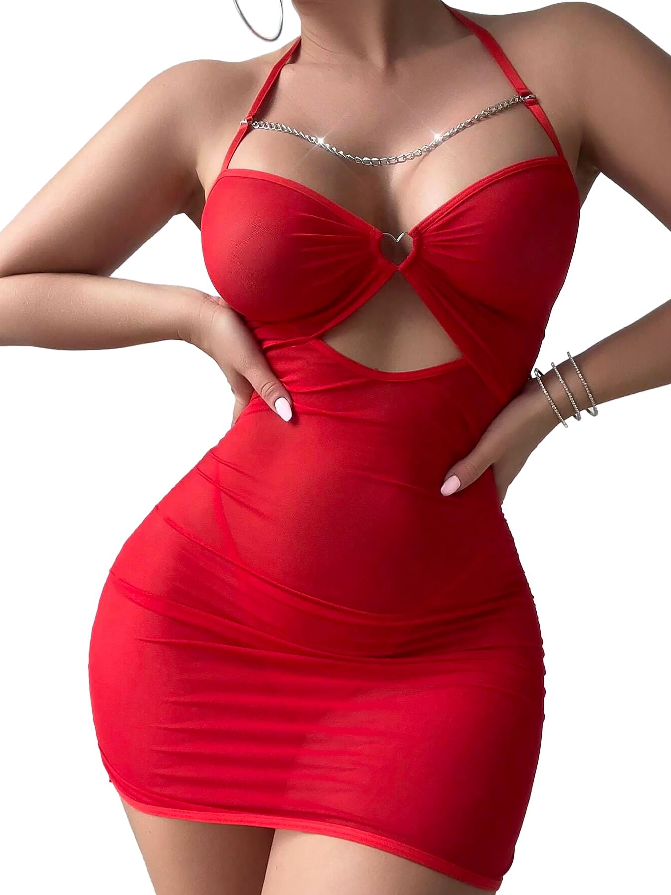 CRIPOM Sexy Lingerie for Women Sheer Lingerie Set Bodycon Mini Lingerie Dress Ruched Party Clubwear Outfits: Red Small