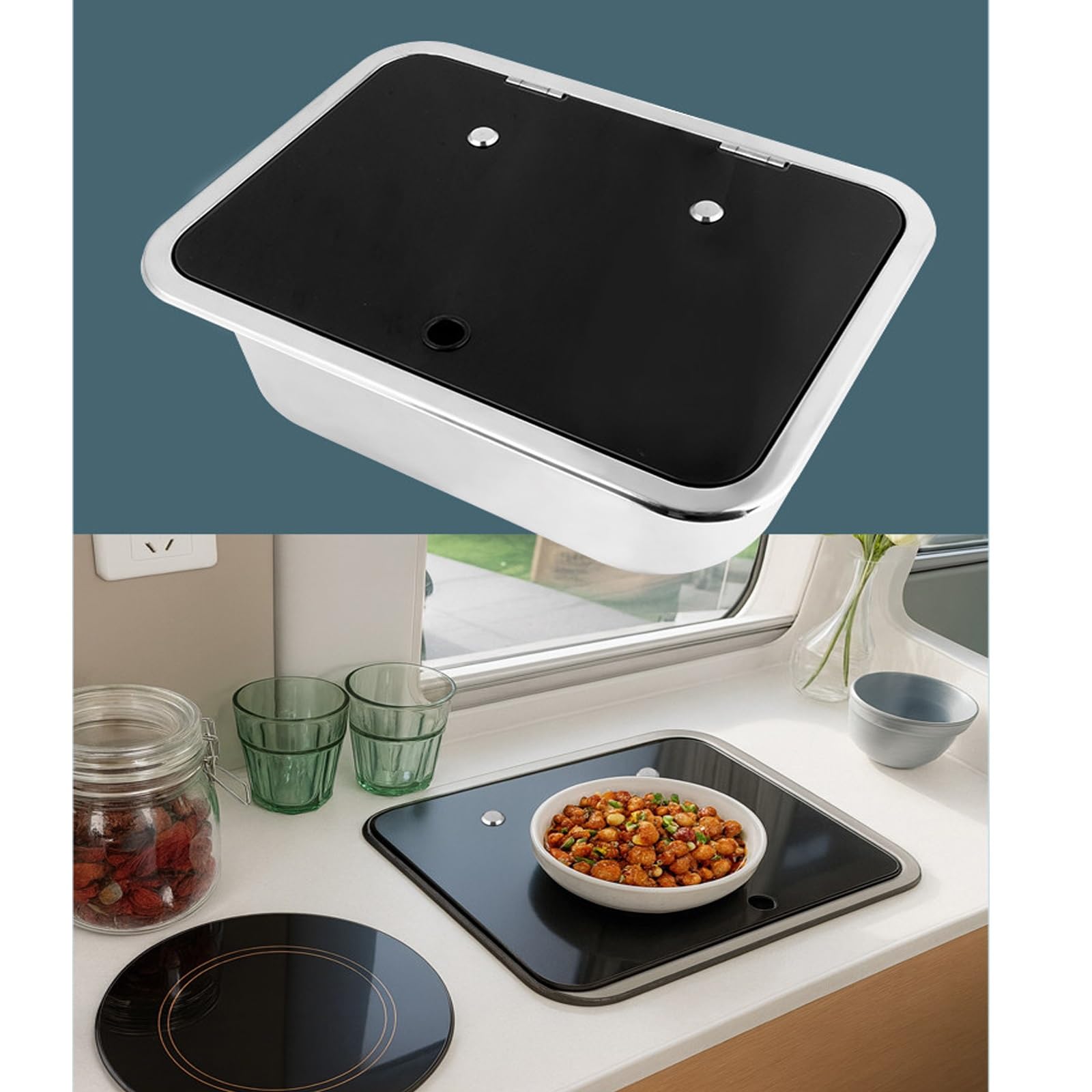 Fregadero Camper, Fregadero Cocina Pequeño de Acero Inoxidable 304 con Grifo Plegable y Placa de Cubierta, Apto para Vehículos Recreativos, Yates y Bares(Black,277x380x145mm)