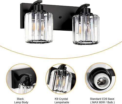 Miniatura 5 de 2 luces de cristal para tocador de baño, moderna lámpara de baño negra sobre espejo, luces de tocador para dormitorio, baño, pasillo, base E26