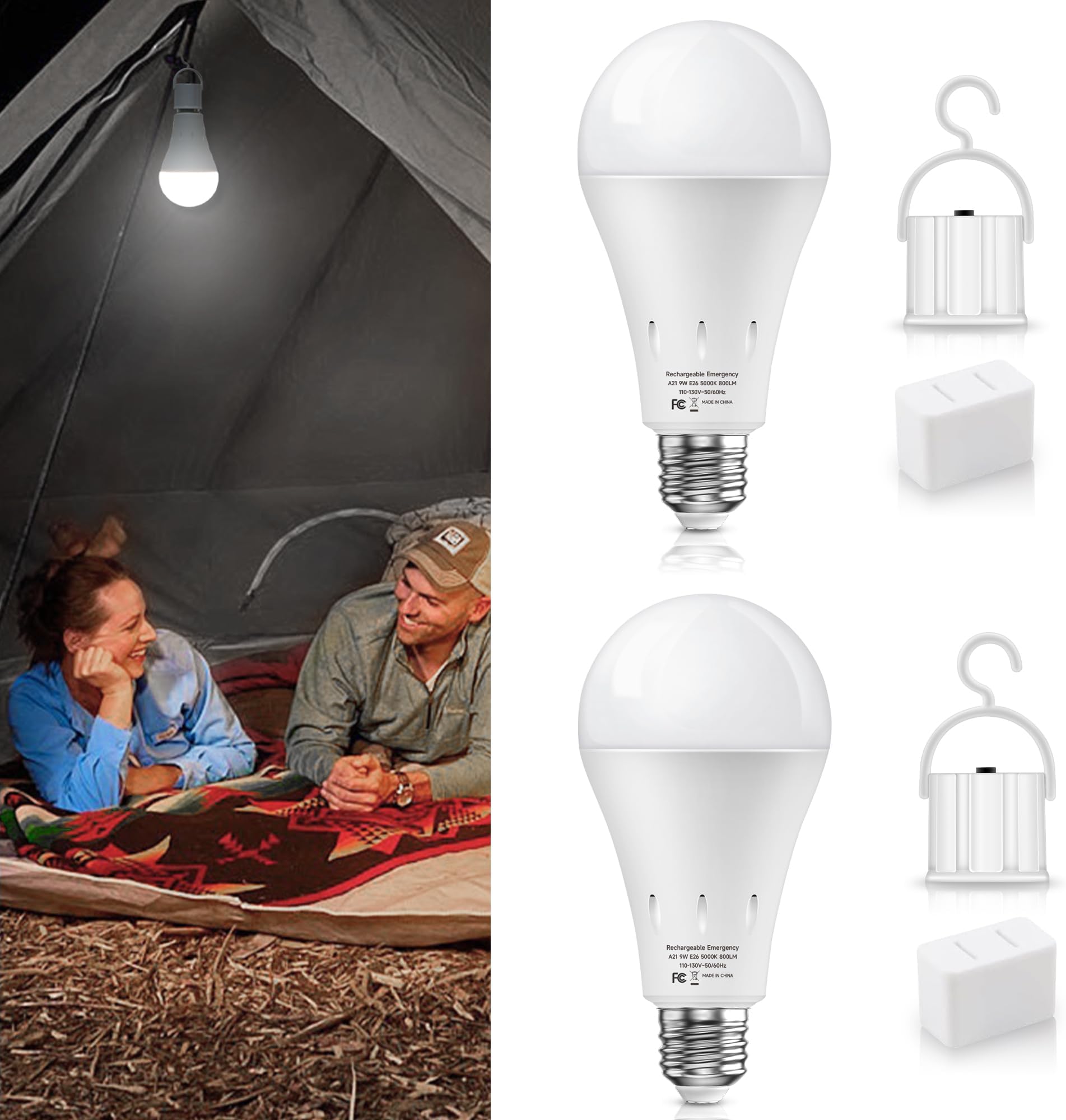UNILAMPRechargeable Emergency Light Bulbs, E26 Battery Operated Light Bulb 9W Equivalent 60W, 2 Modes of Daylight 5000K Emergency Lights for Home Power Failure, Camping, Hurricane, Dimmable, 2-Pack