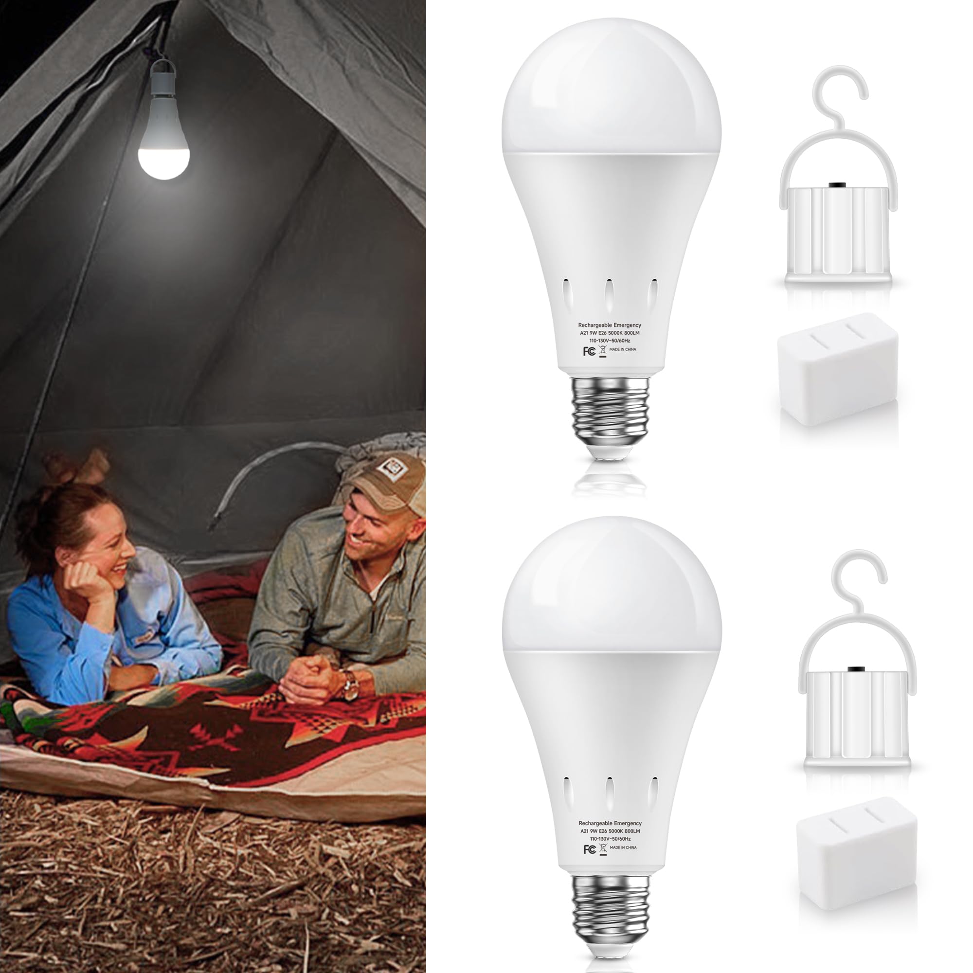 UNILAMPRechargeable Emergency Light Bulbs, E26 Battery Operated Light Bulb 9W Equivalent 60W, 2 Modes of Daylight 5000K Emergency Lights for Home Power Failure, Camping, Hurricane, Dimmable, 2-Pack