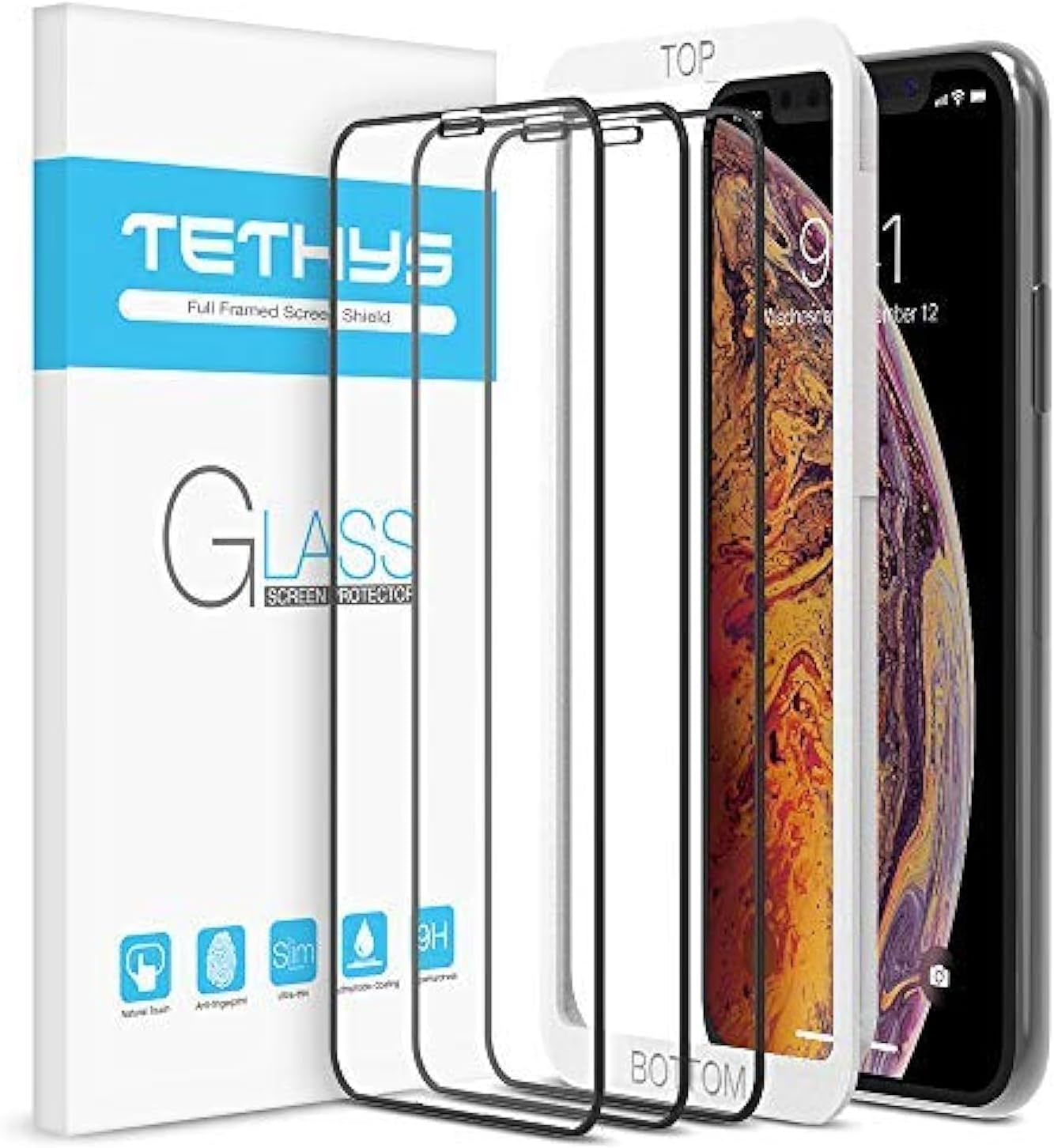 TETHYS Glass Screen Protector Designed for Apple iPhone 11 Pro Max/iPhone Xs Max (6.5") [Edge to Edge Coverage] Full Protection Durable Tempered Glass [Guidance Frame Included] - Pack of 3