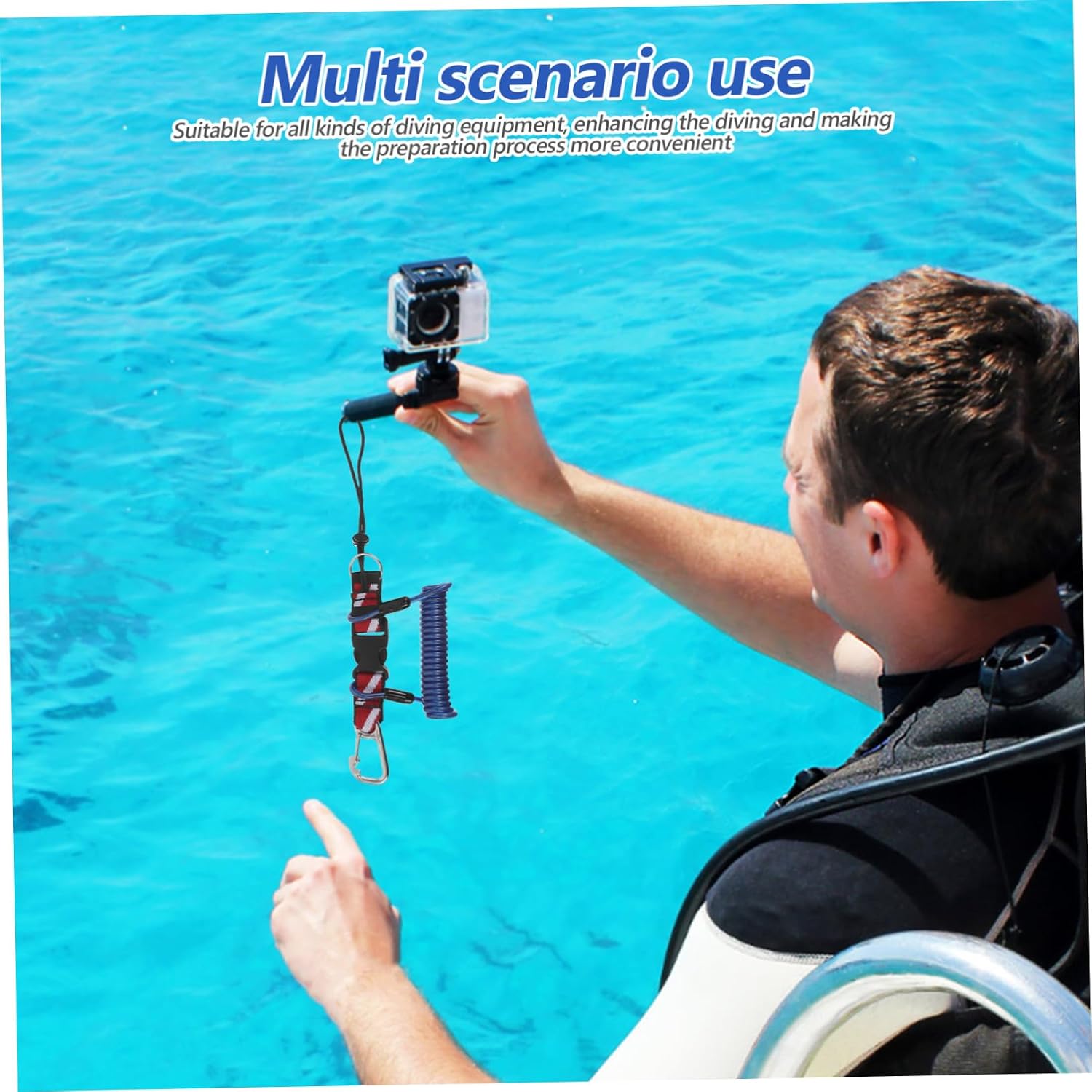 Retractable Scuba Diving Camera Lanyard with Buckle for Dive Cameras and Scuba Diving Gear Clips Made of Stainless Steel and TPU with Coiled Design for Enhanced Visibility